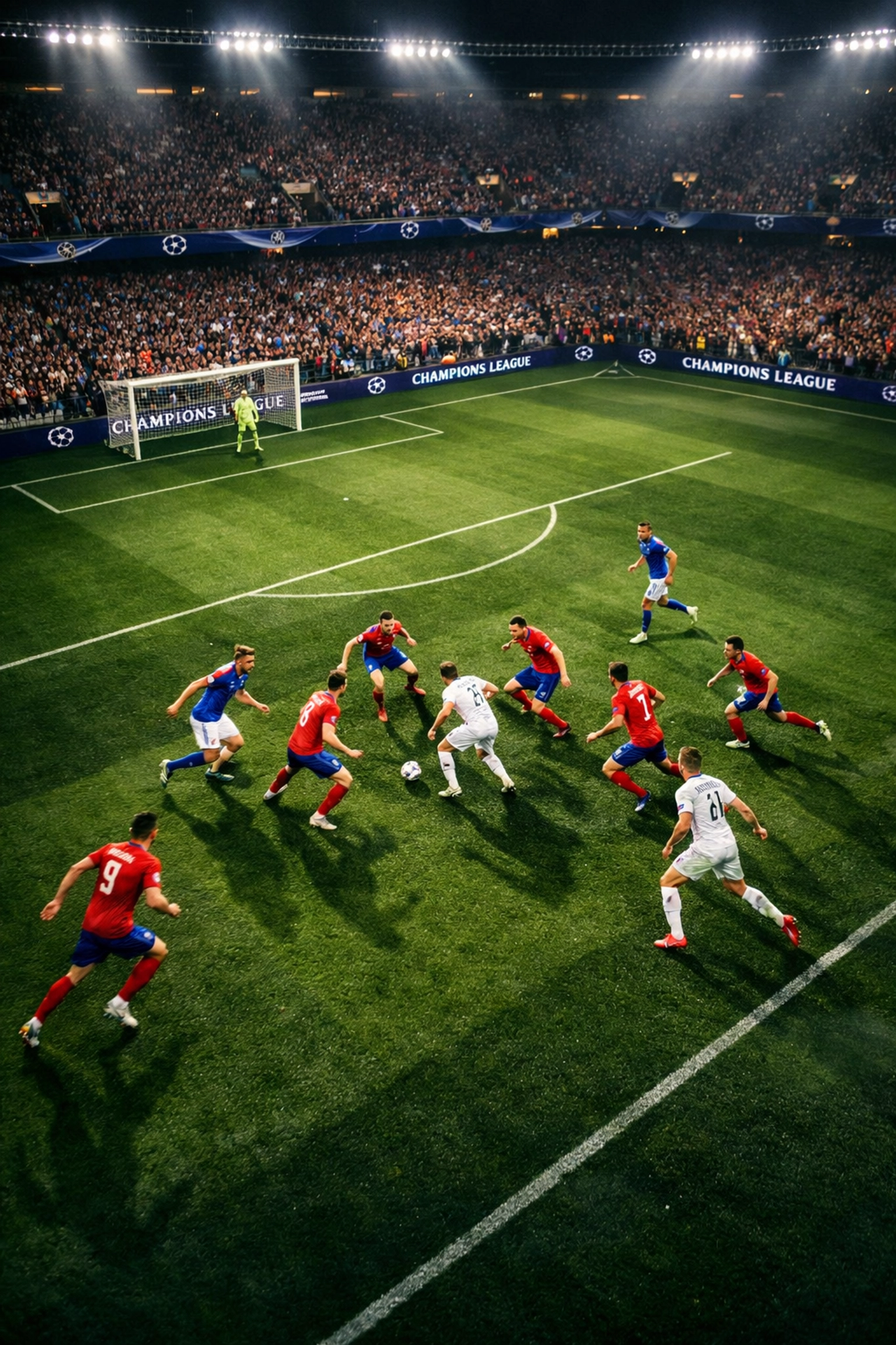 Champions League Pressing-Aktion im Achtelfinale mit mehreren Spielern im gegnerischen Strafraum