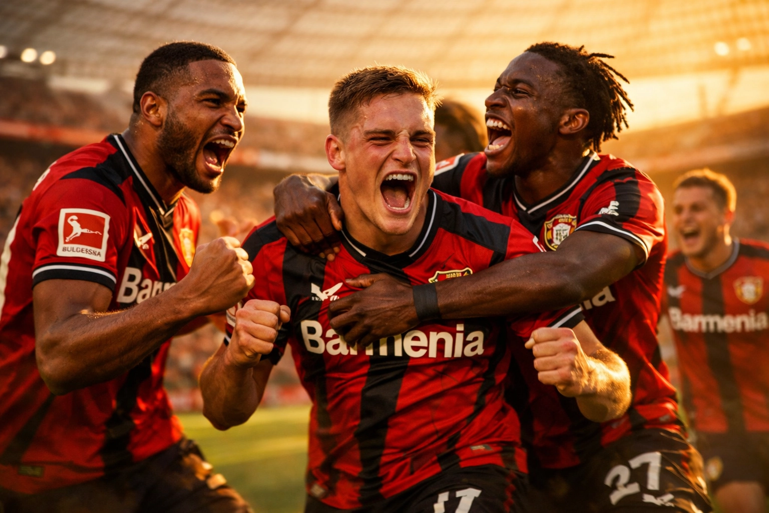 Bayer Leverkusen Spieler feiern Tor im Bundesliga-Spiel gegen Gladbach