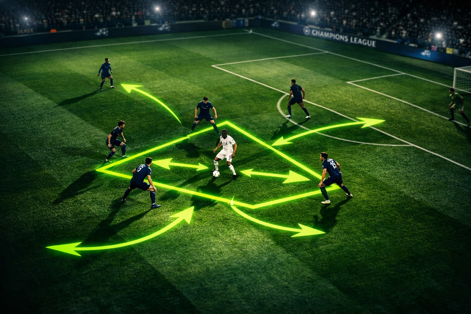 Taktische Übersicht einer Pressingfalle in der Champions League mit Spielerpositionierung