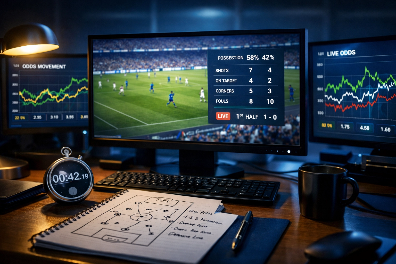 Arbeitsplatz für Live Wetten Analyse mit Statistiken und Quoten auf Monitoren