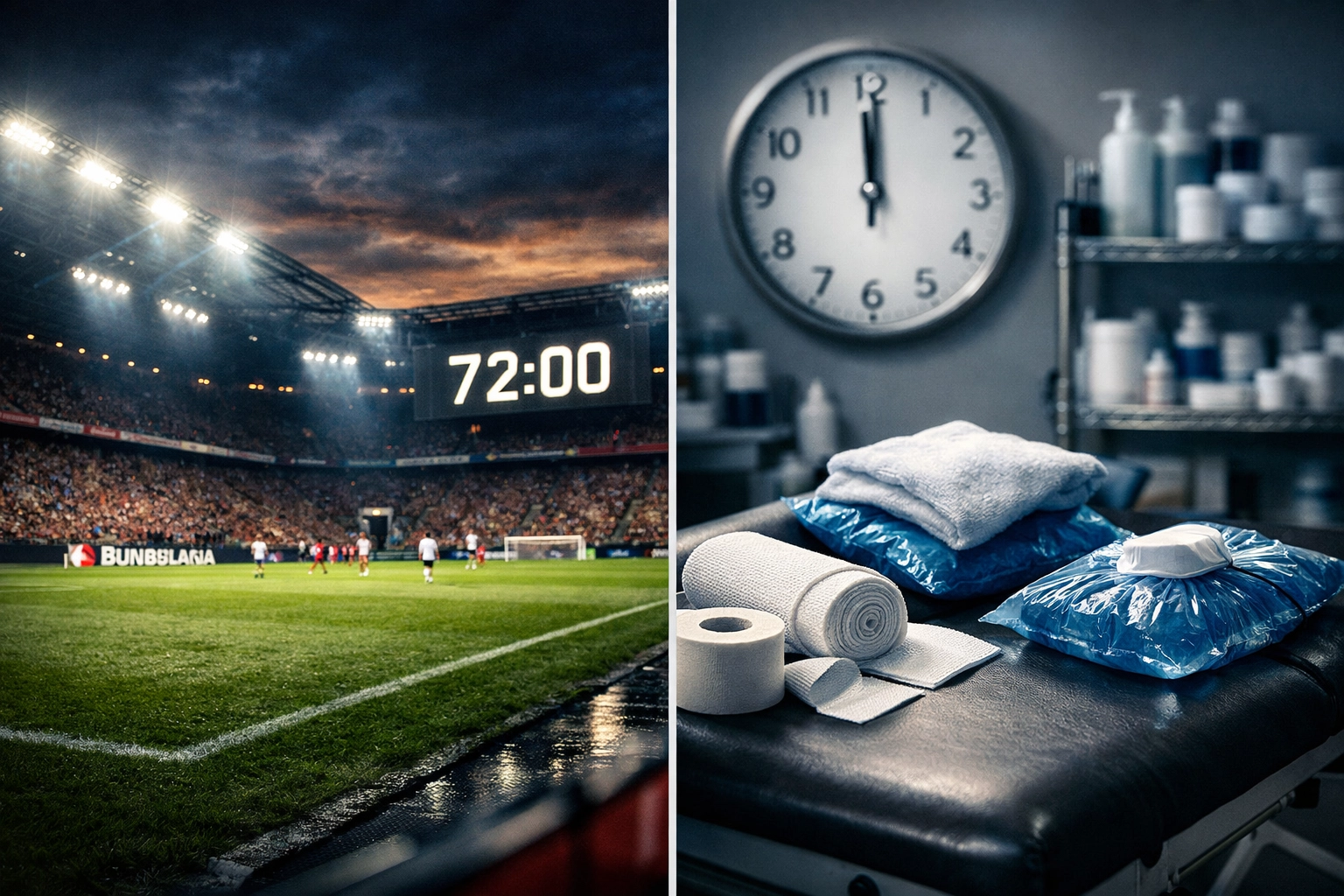 Bundesliga Stadion und Behandlungsraum zeigen Impact von Spielerverletzungen auf Quoten