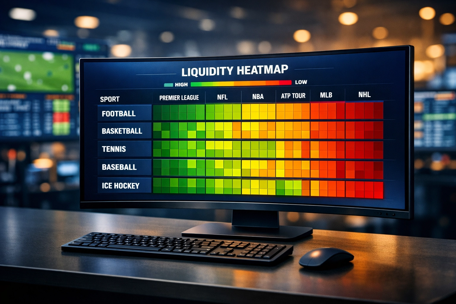 Liquiditäts-Dashboard für Sportwetten zeigt verschiedene Ligen und Märkte in Echtzeit