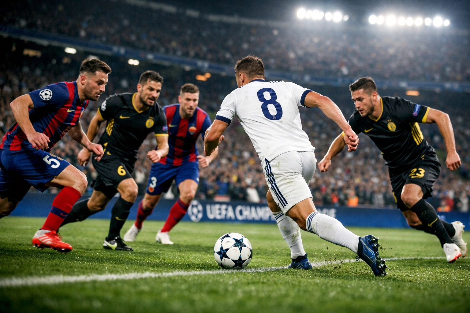Hochintensives Pressing in der Champions League 2026 mit Spielern im Sprint