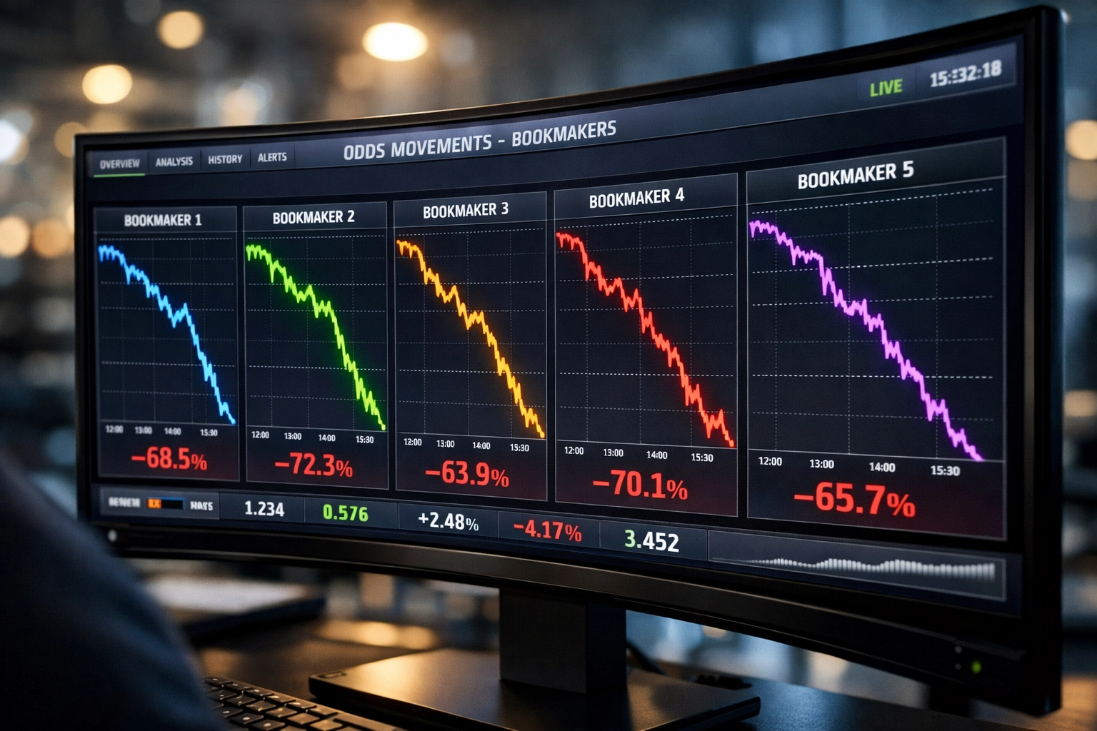 Dashboard mit Quotenbewegungsgraphen von fünf Bookmakers zur Trendanalyse in Echtzeit