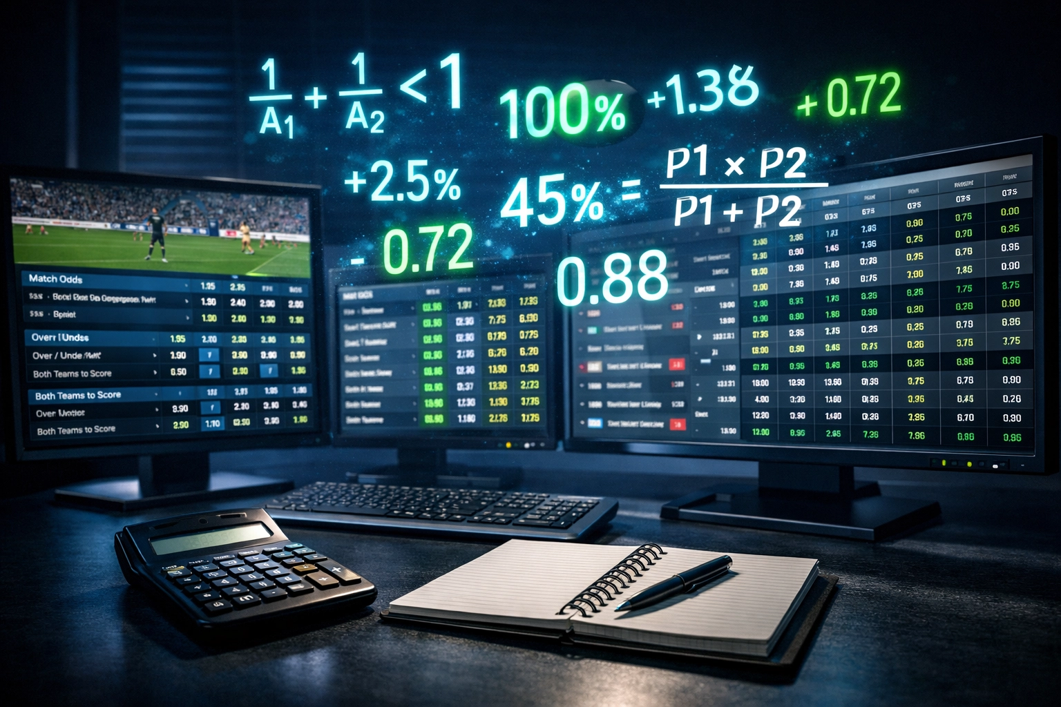 Surebet Arbitrage Berechnung mit Sportwetten Quoten und mathematischen Formeln auf mehreren Monitoren