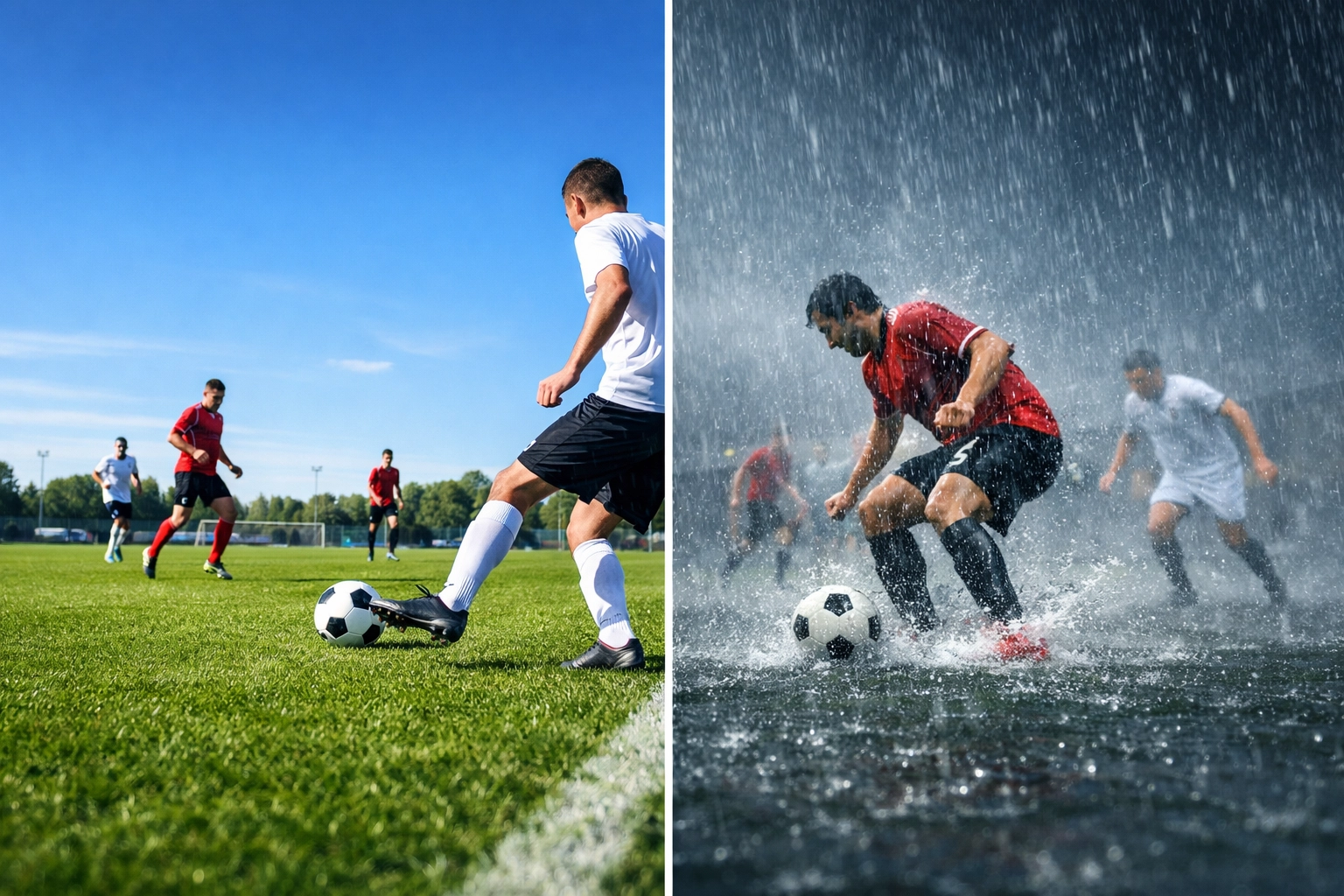 Fußballplatz bei klarem Wetter und Regen zeigt Einfluss der Spielbedingungen auf BTTS