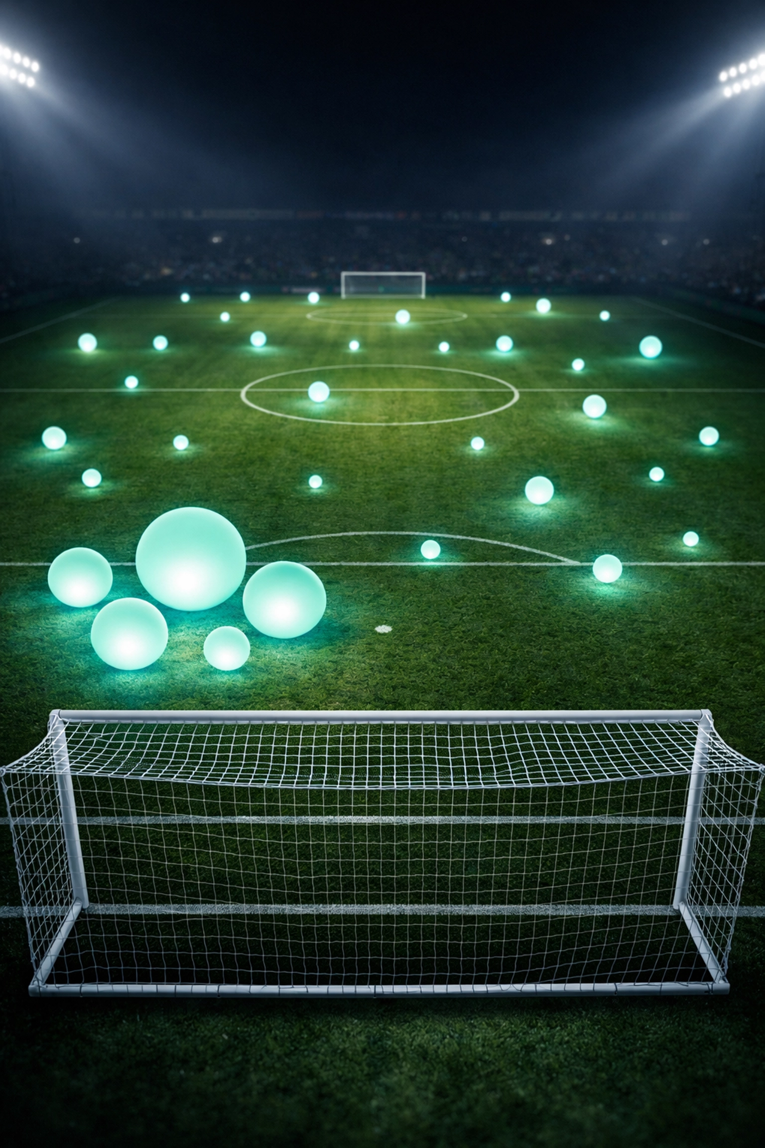 Visualisierung von Expected Goals Werten auf dem Spielfeld mit leuchtenden Datenpunkten