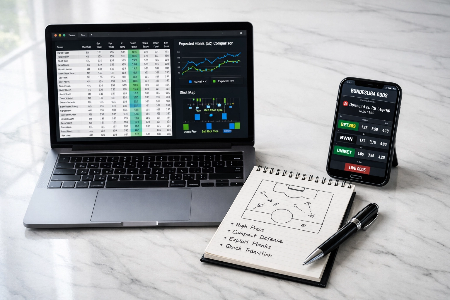 Professioneller Arbeitsplatz für Bundesliga Wettanalyse mit xG-Statistiken