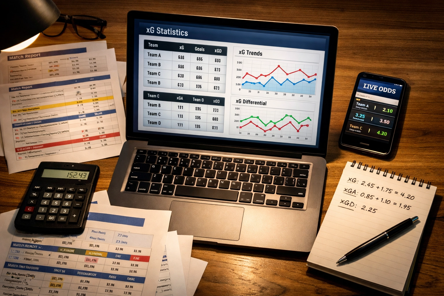 Sportwetten-Analyst wertet xG-Statistiken und Quoten am Arbeitsplatz aus