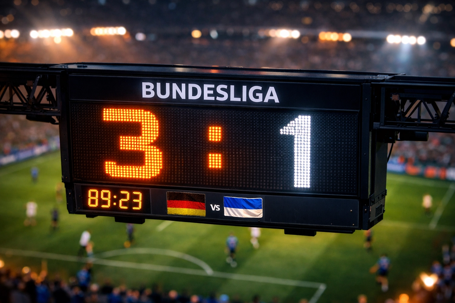 Bundesliga Anzeigetafel zeigt 3:1 Endergebnis für erfolgreiche Over 2.5 Strategie