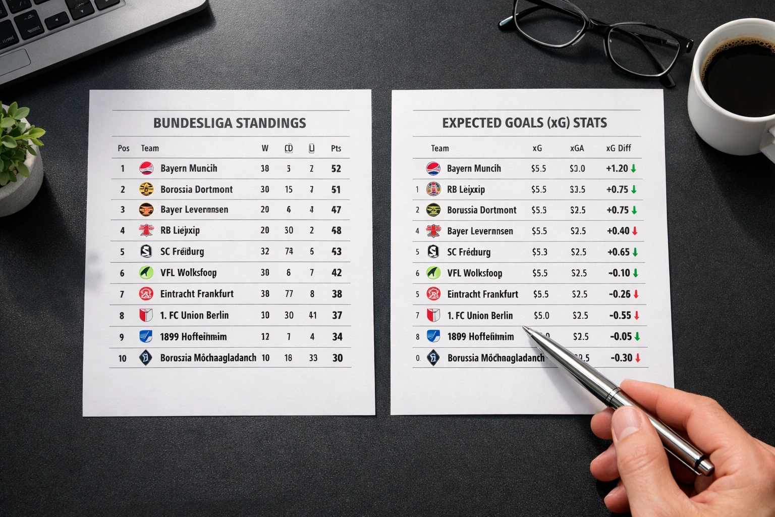 Vergleich zwischen traditioneller Bundesliga-Tabelle und Expected Goals Datenanalyse