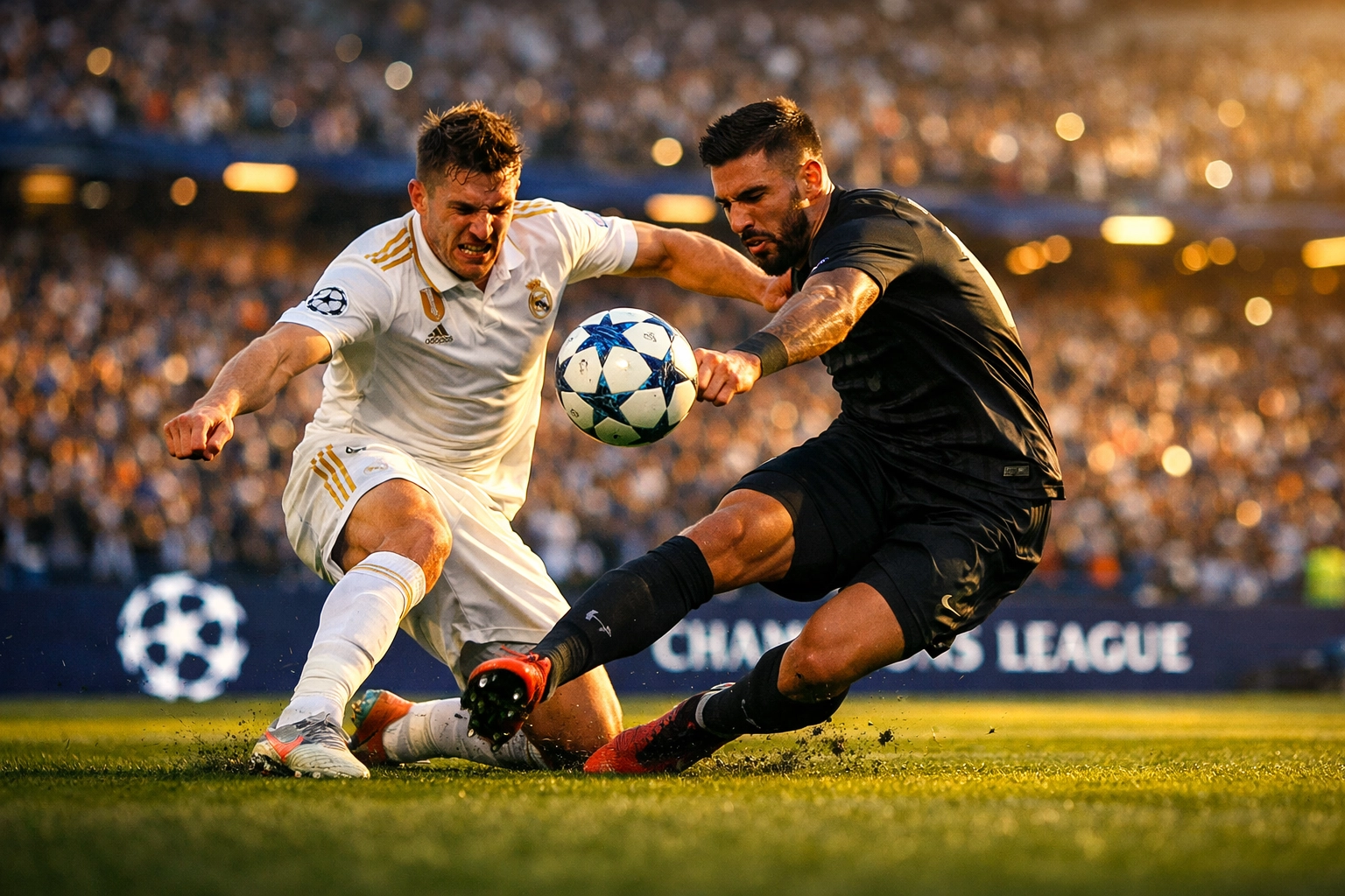 Intensives Pressing-Duell im Champions League Achtelfinale zwischen zwei Mittelfeldspielern