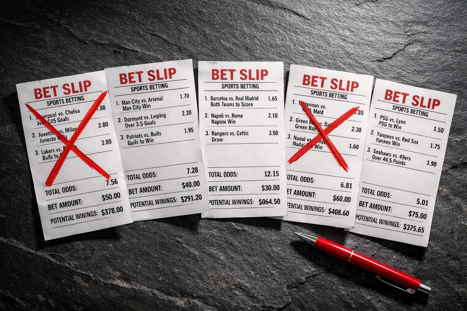 Wettscheine mit Kombiwetten-Strategie, ausgewählte Einzelwetten markiert