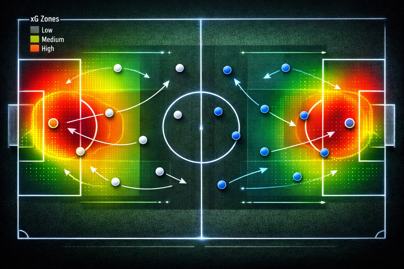 Taktische Analyse mit xG-Heatmap und Spielerformationen für Sportwetten Tipps