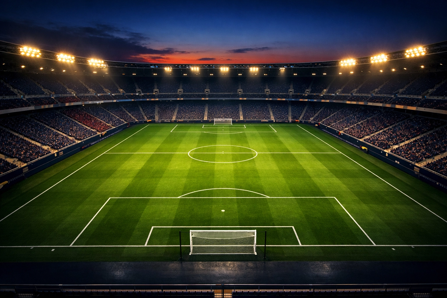 Fußballstadion Spielfeld bei Flutlicht wo Teamstatistiken entstehen