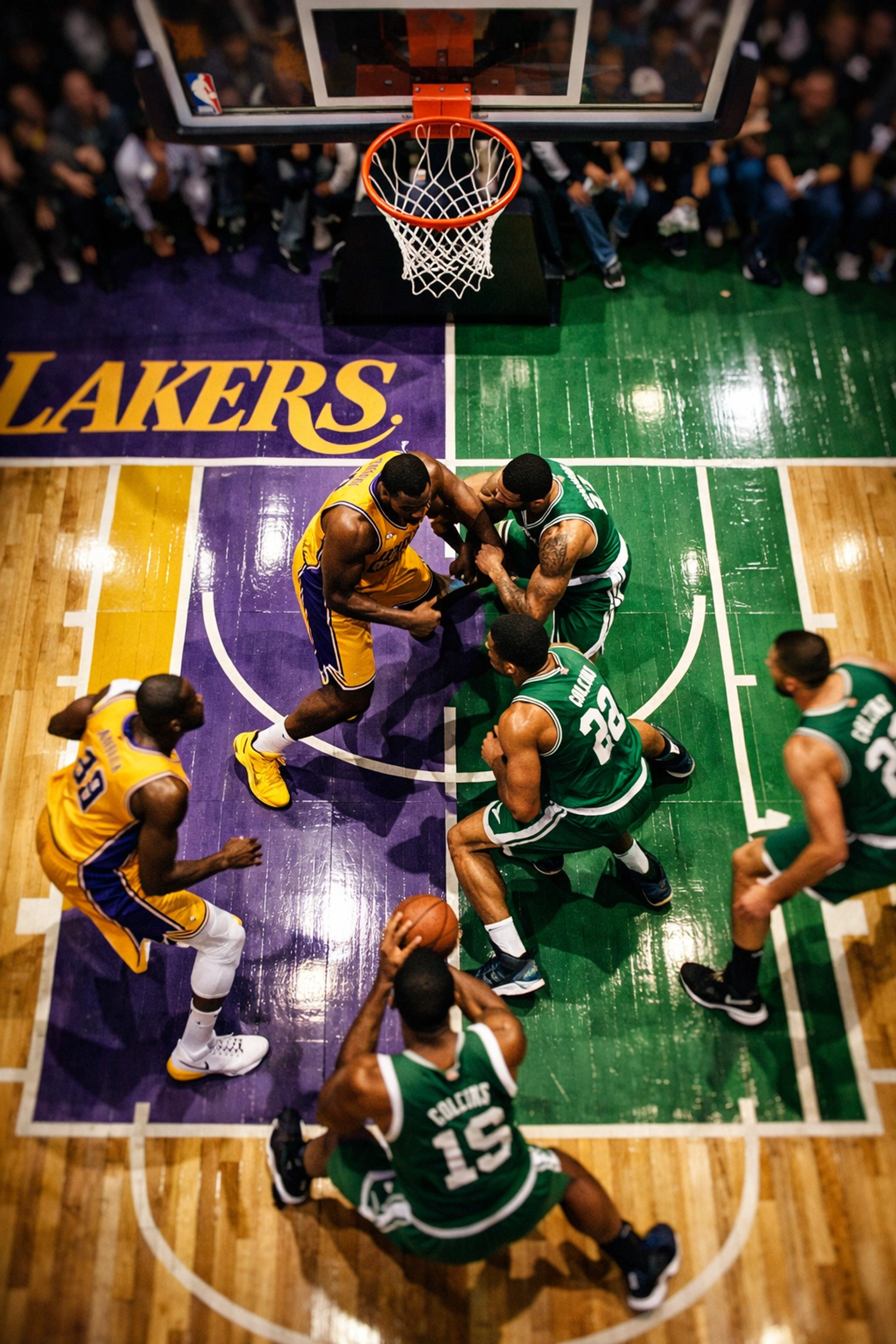 NBA Lakers vs Celtics Paint Defense Zone mit Spielern im Farbraum