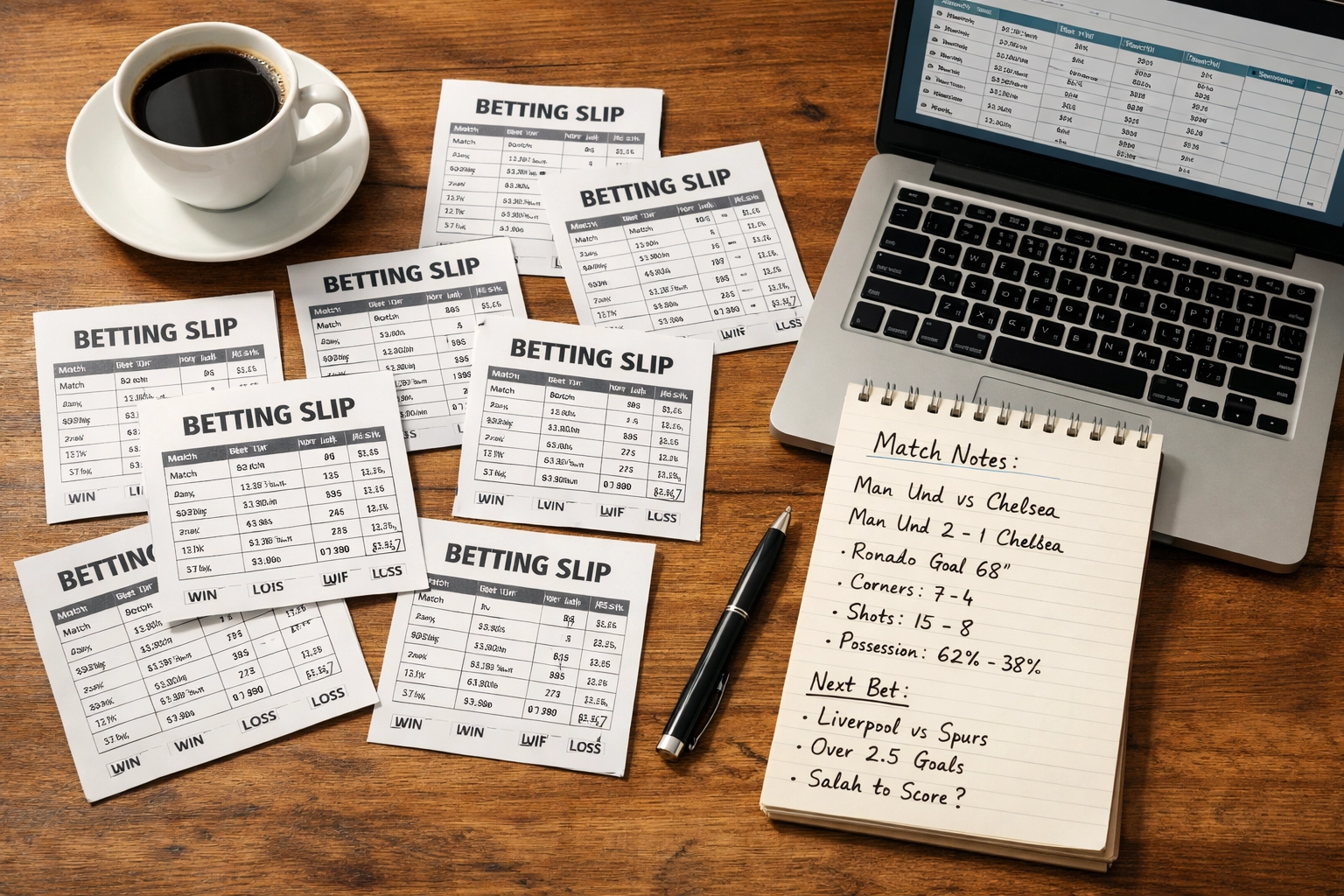 Wett-Journal mit Wettscheinen, Notizen und Statistik-Spreadsheet zur Performance-Dokumentation