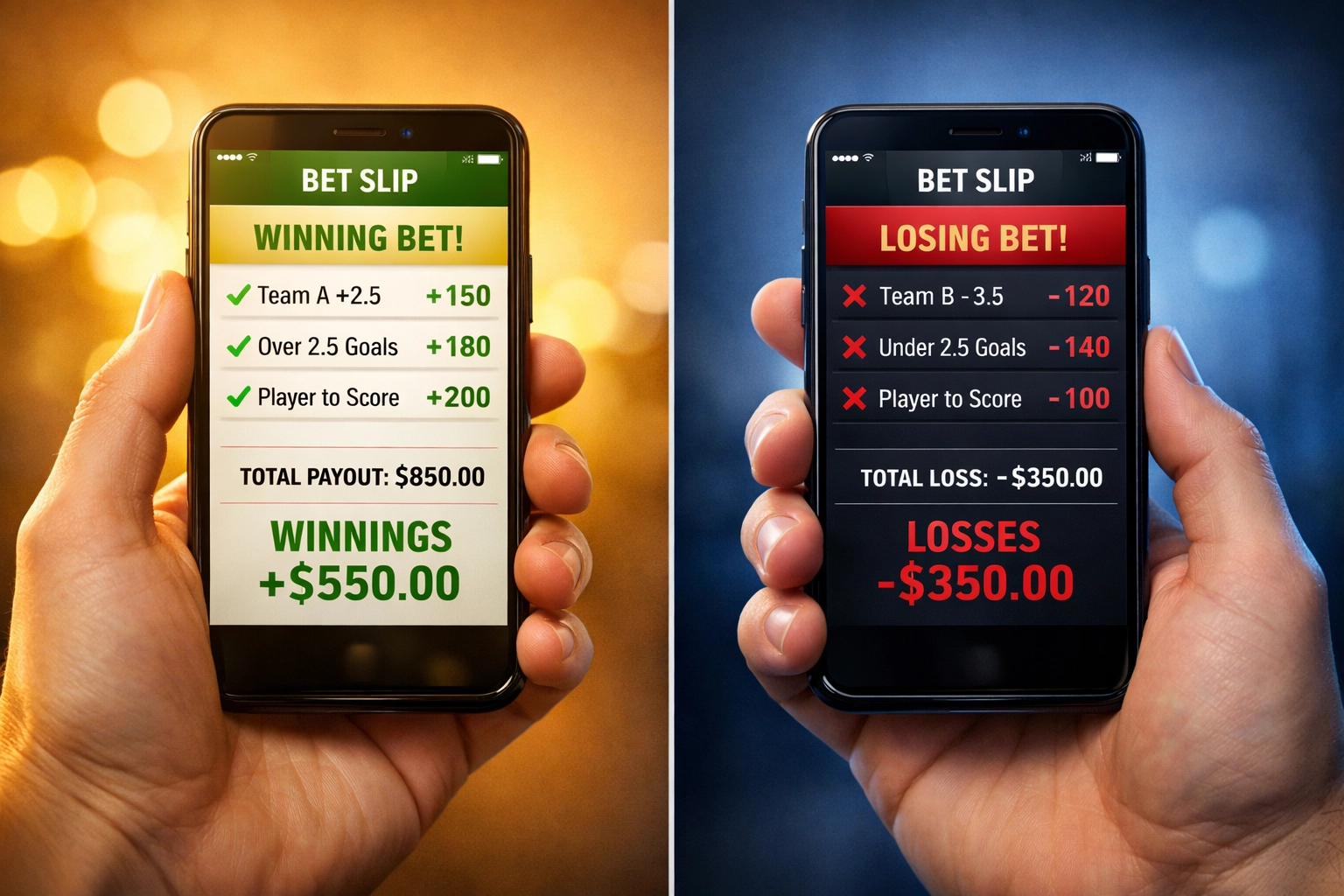 Vergleich positive und negative CLV: Gewinnende Wette mit grünen Zahlen vs. verlierende Wette mit roten Zahlen