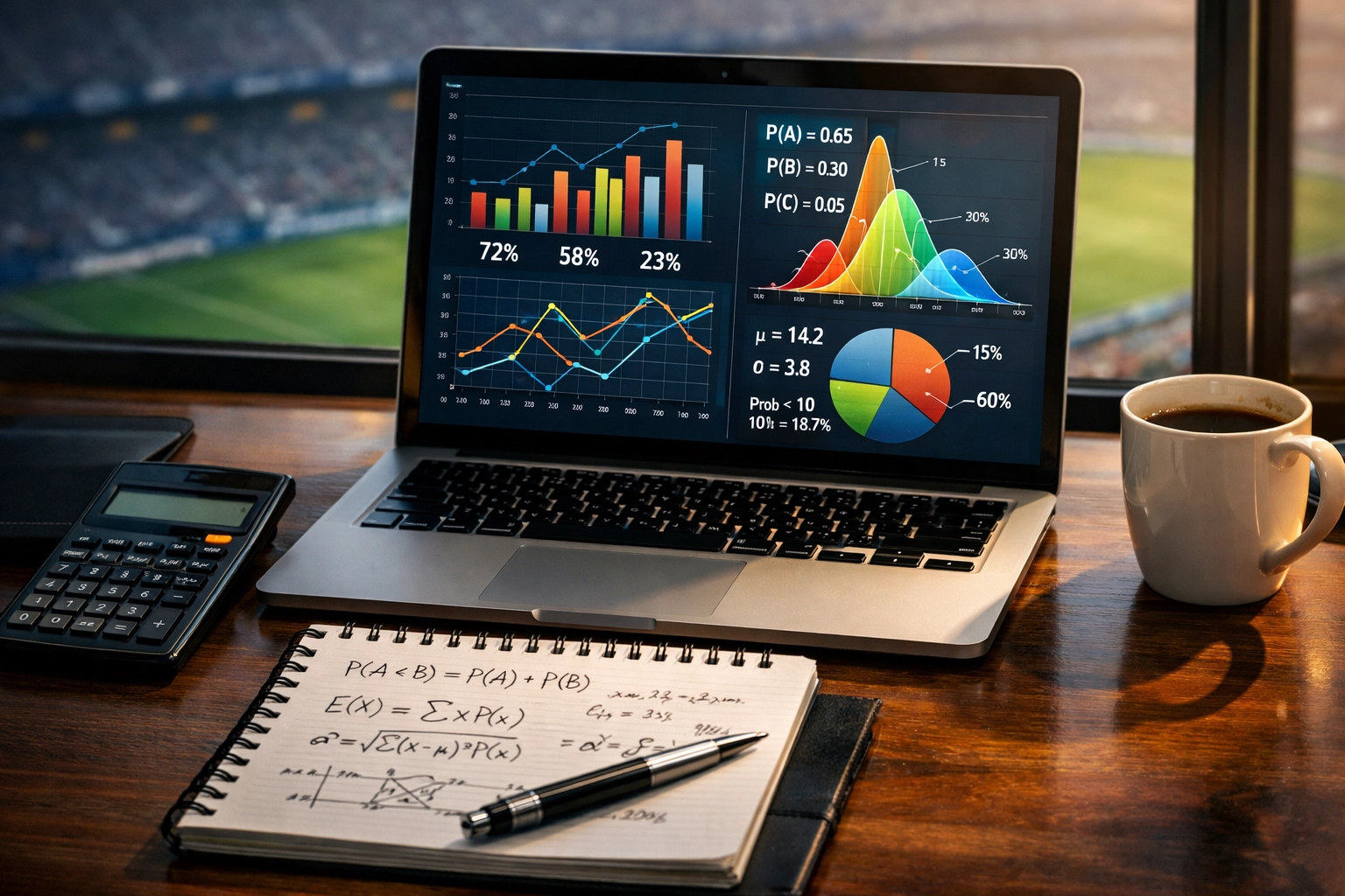 Value Betting Arbeitsplatz mit Laptop, Statistiken und Wahrscheinlichkeitsberechnungen