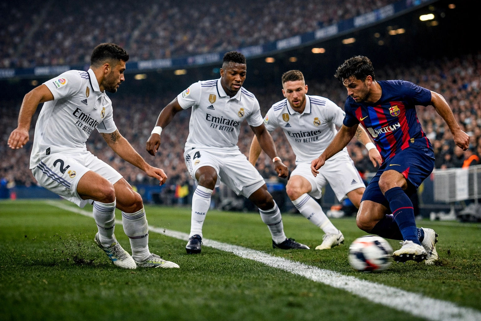 Real Madrid Flügelverteidigung mit drei Verteidigern gegen Barcelona Angreifer