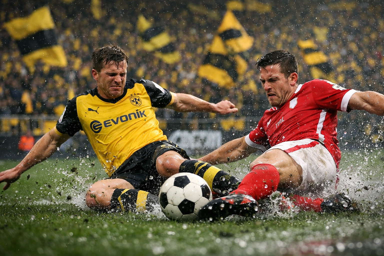 Intensiver Zweikampf zwischen Dortmund und Bayern München beim Bundesliga-Topspiel.