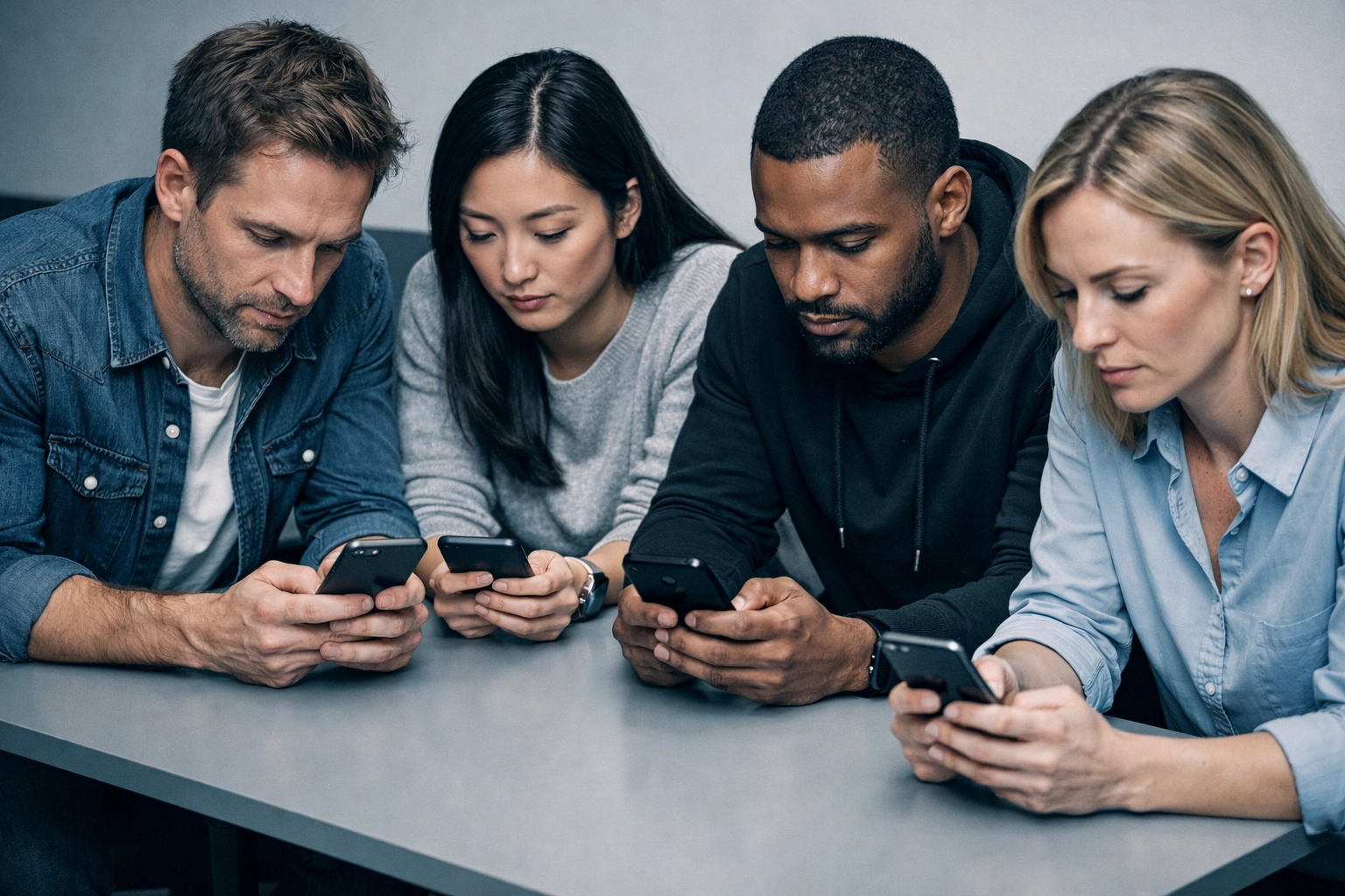 Gruppe mit Smartphones verdeutlicht Gruppendenken und soziale Konformität bei Wettentscheidungen
