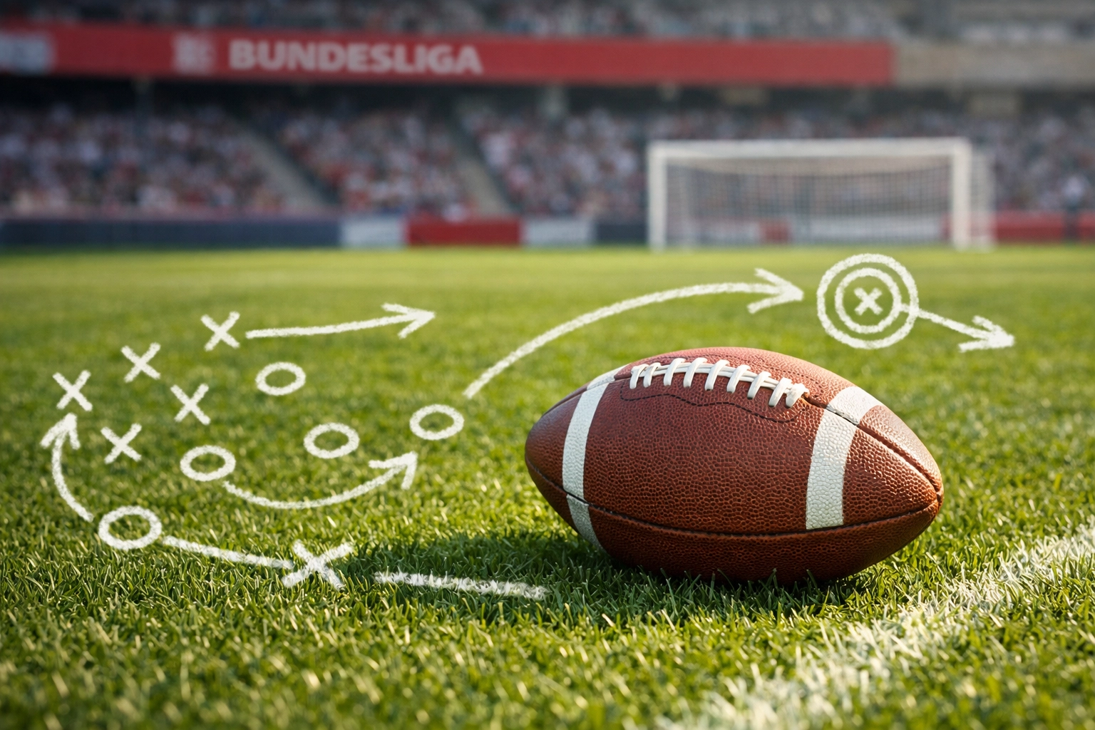 Taktische Spielanalyse mit Fußball und Strategie-Markierungen im Bundesliga-Stadion