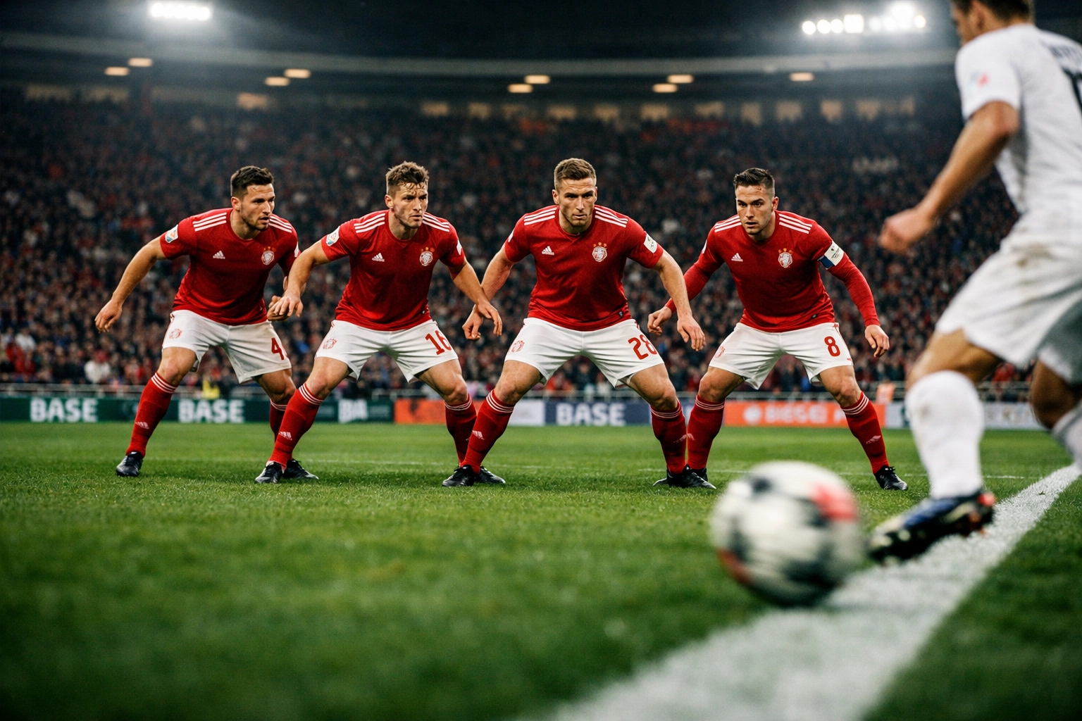 Viererkette im Pressing während eines Bundesliga-Spiels