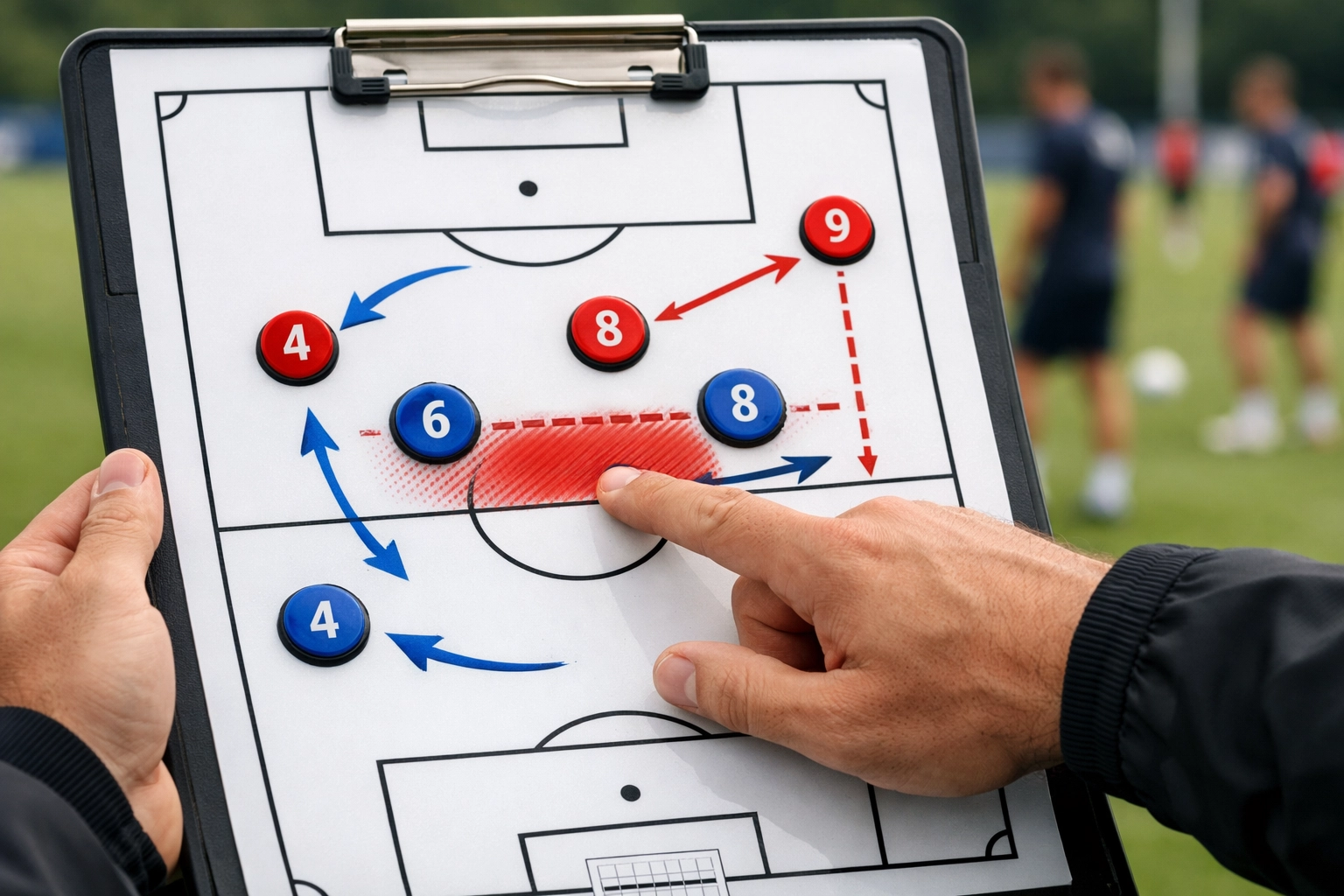 Trainer analysiert defensive Mittelfeldposition auf taktischem Clipboard beim Training