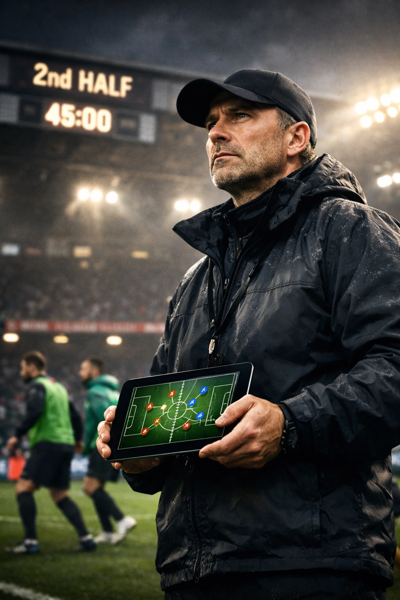 Fußballtrainer mit Taktik-Tablet an der Seitenlinie während Bundesliga-Spiel