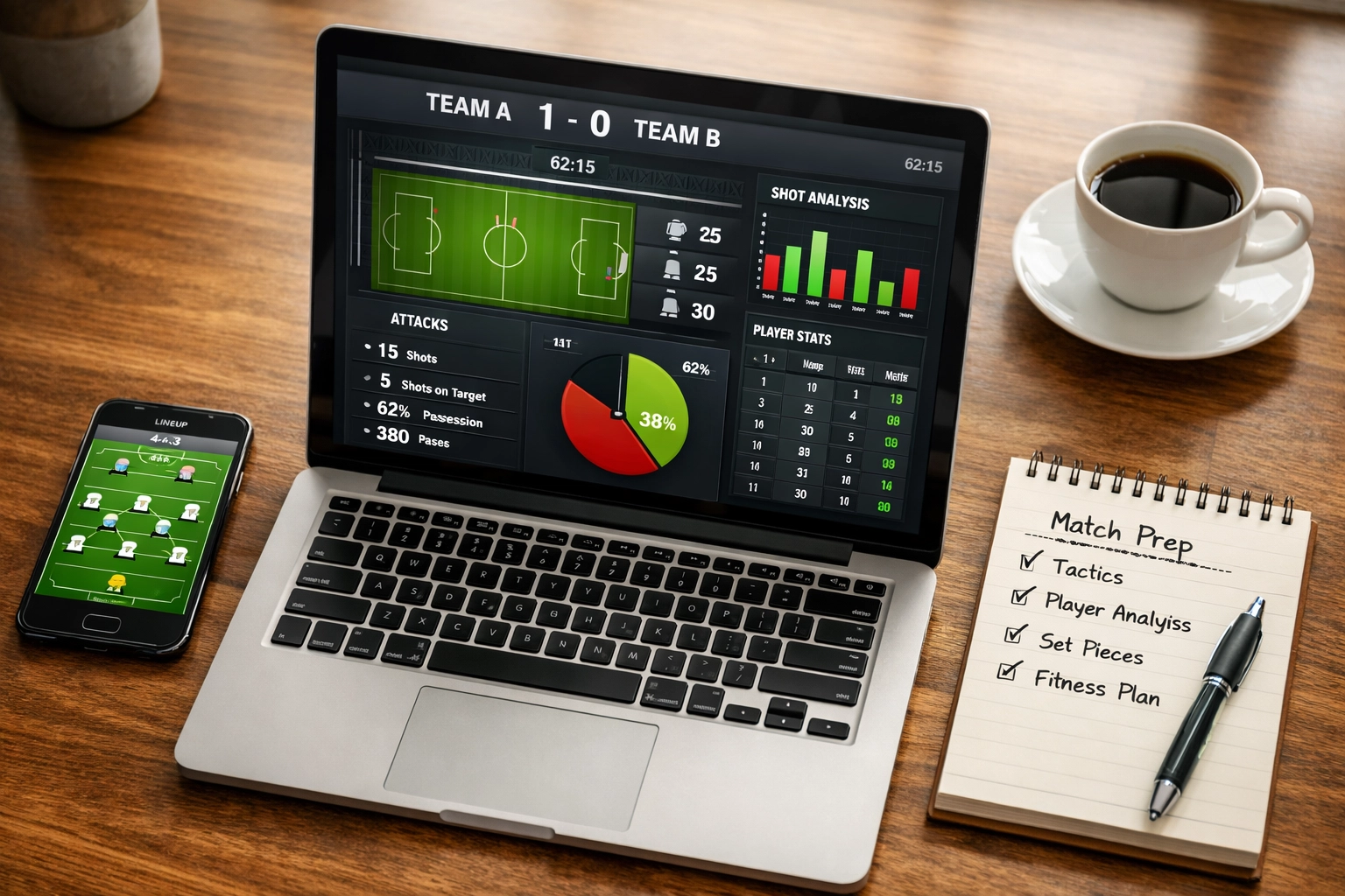 Sportwetten Recherche-Checkliste auf Laptop mit Fußballstatistiken und Aufstellungen