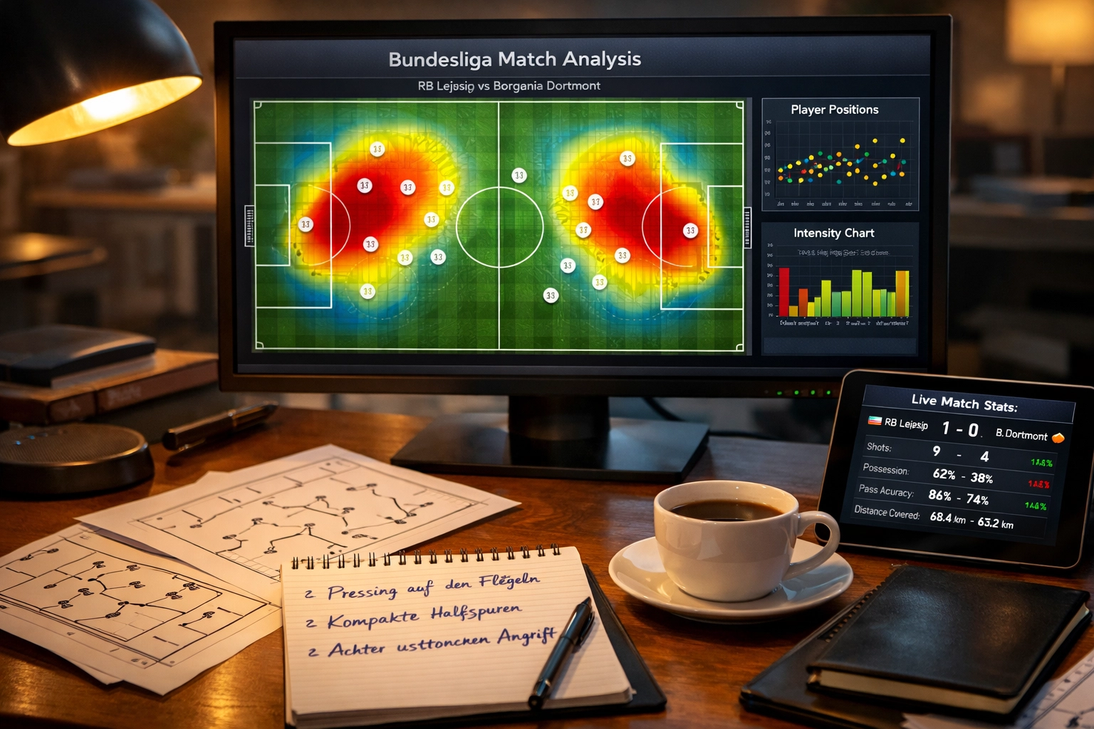 Analyst-Arbeitsplatz mit Heatmap und Positionsdaten zur Bundesliga Formationsanalyse