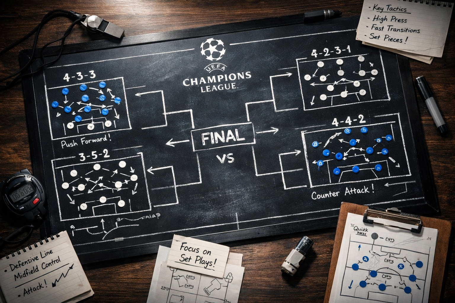 Champions League Achtelfinale Taktiktafel mit Aufstellungen und Spielsystemen der K.o.-Runde 2026