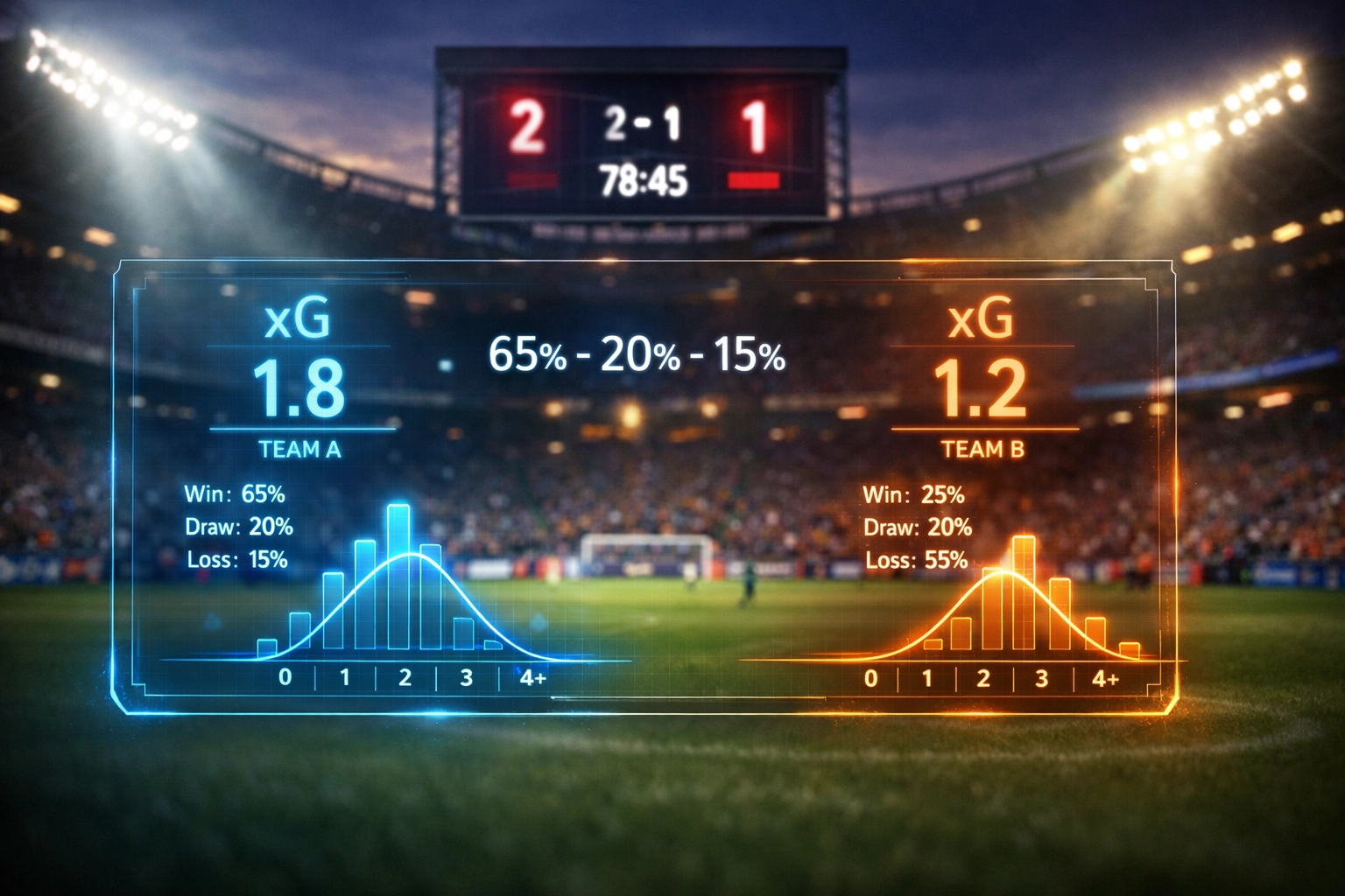 Fußballstadion mit xG-Statistiken und Wahrscheinlichkeitsanalyse für Sportwetten