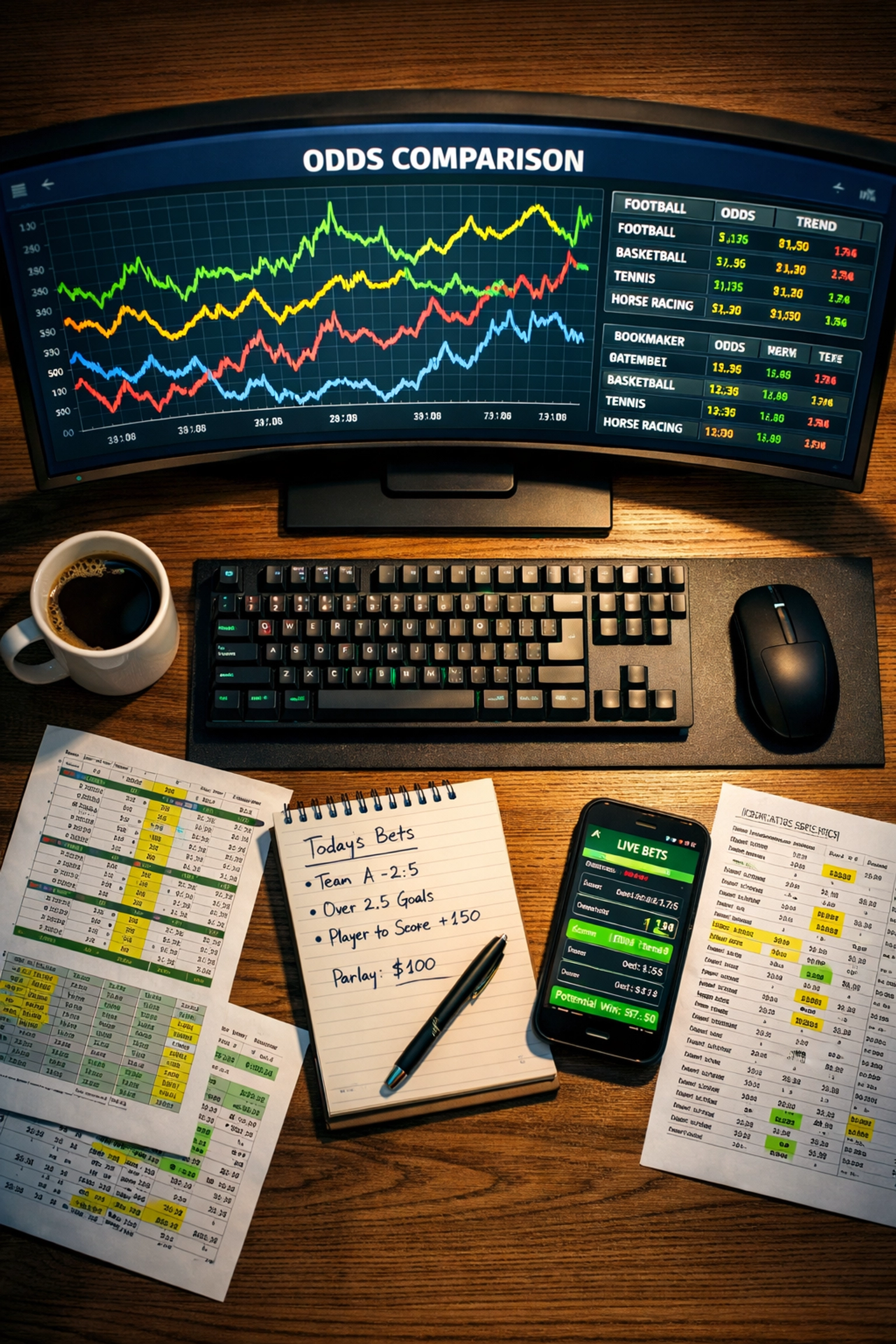 Professioneller Sportwetten-Analyse-Arbeitsplatz mit Quotenvergleich-Charts und Echtzeit-Tracking-Tools
