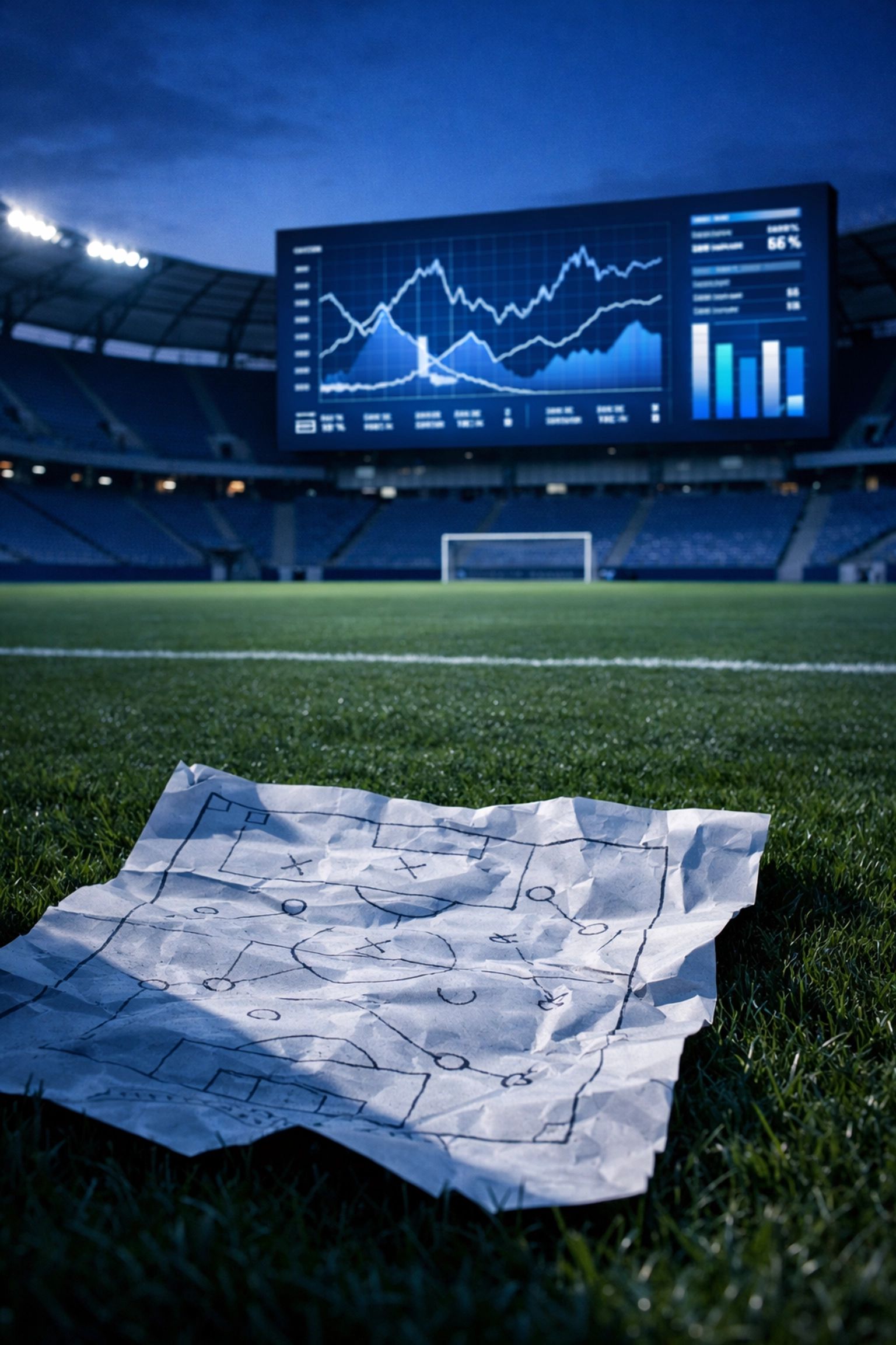 Zerknitterter Taktikbogen im Stadion als Symbol für das Scheitern durch starre Spielsysteme.