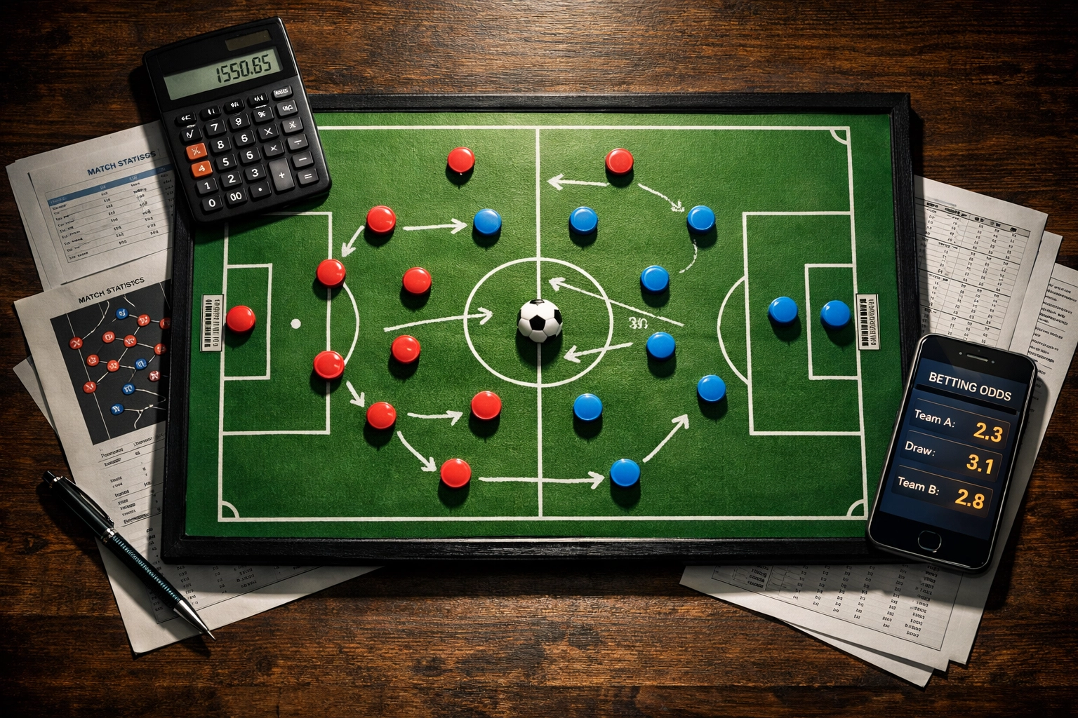 Taktiktafel mit Spieleraufstellung umgeben von Statistiken und Wettquoten auf Smartphone