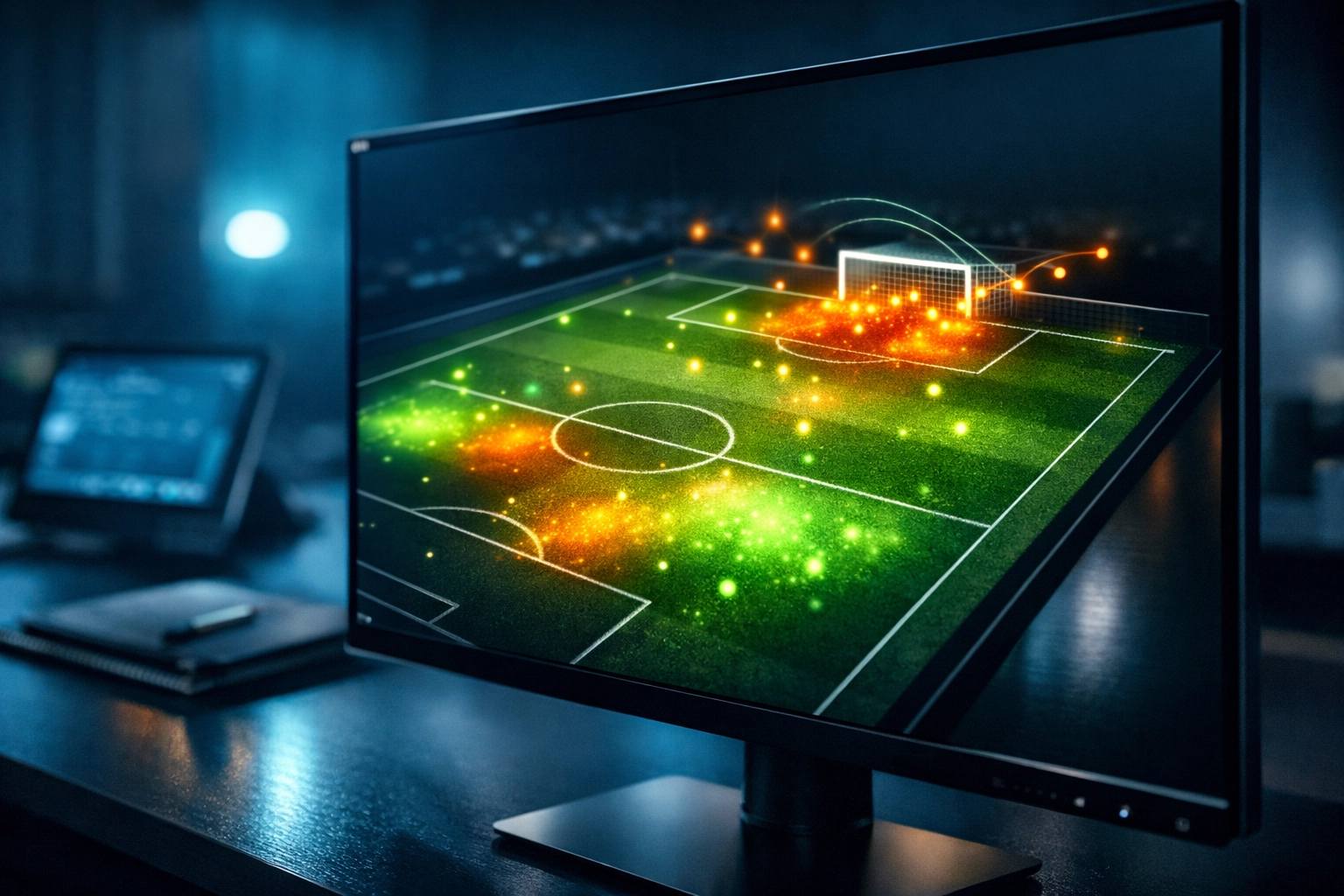 Digitale Fußball-Analyse mit Heatmaps zur Bewertung der Torwahrscheinlichkeit bei Live-Wetten.