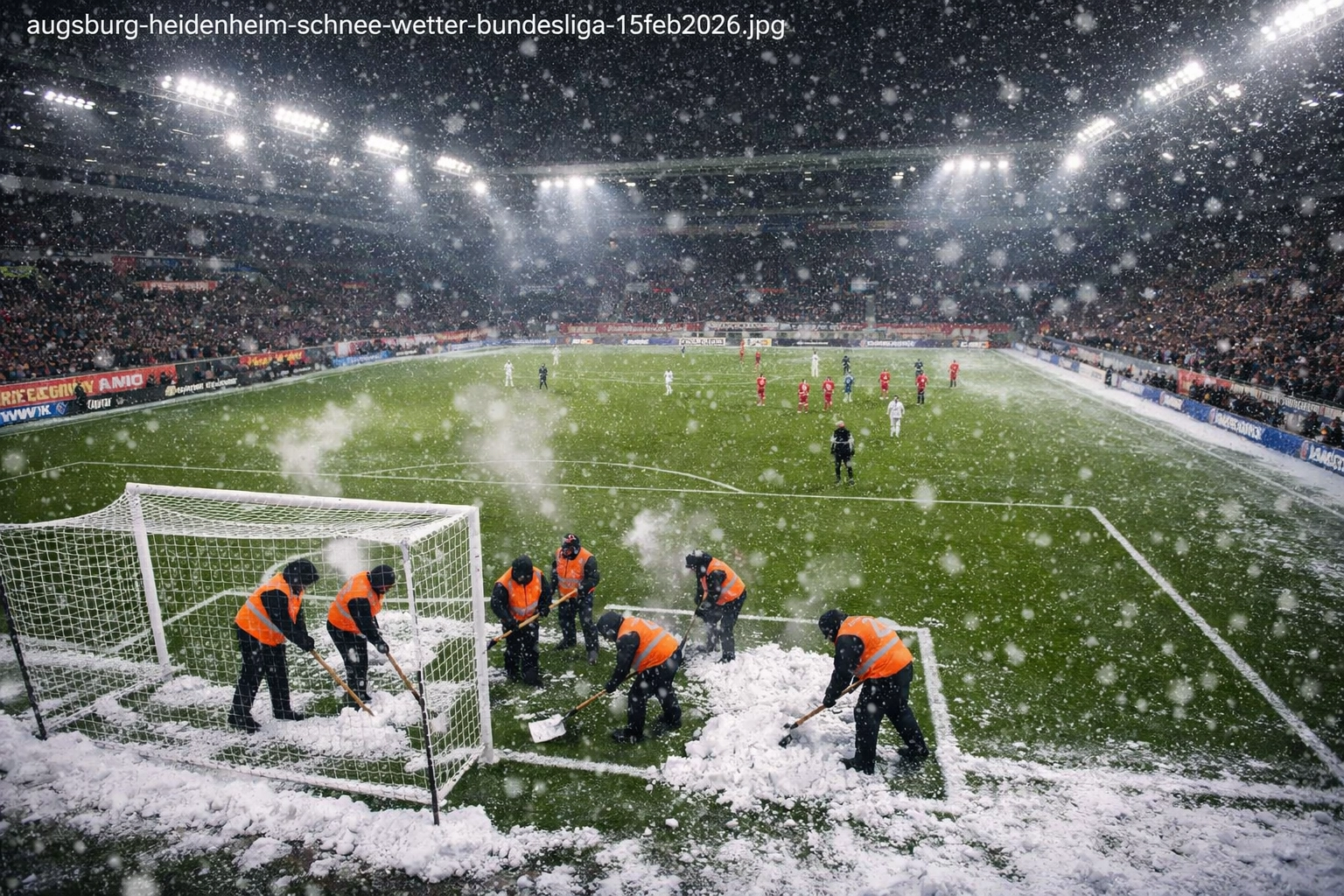 Schneebedeckter Bundesliga-Rasen WWK Arena Augsburg bei starkem Schneefall