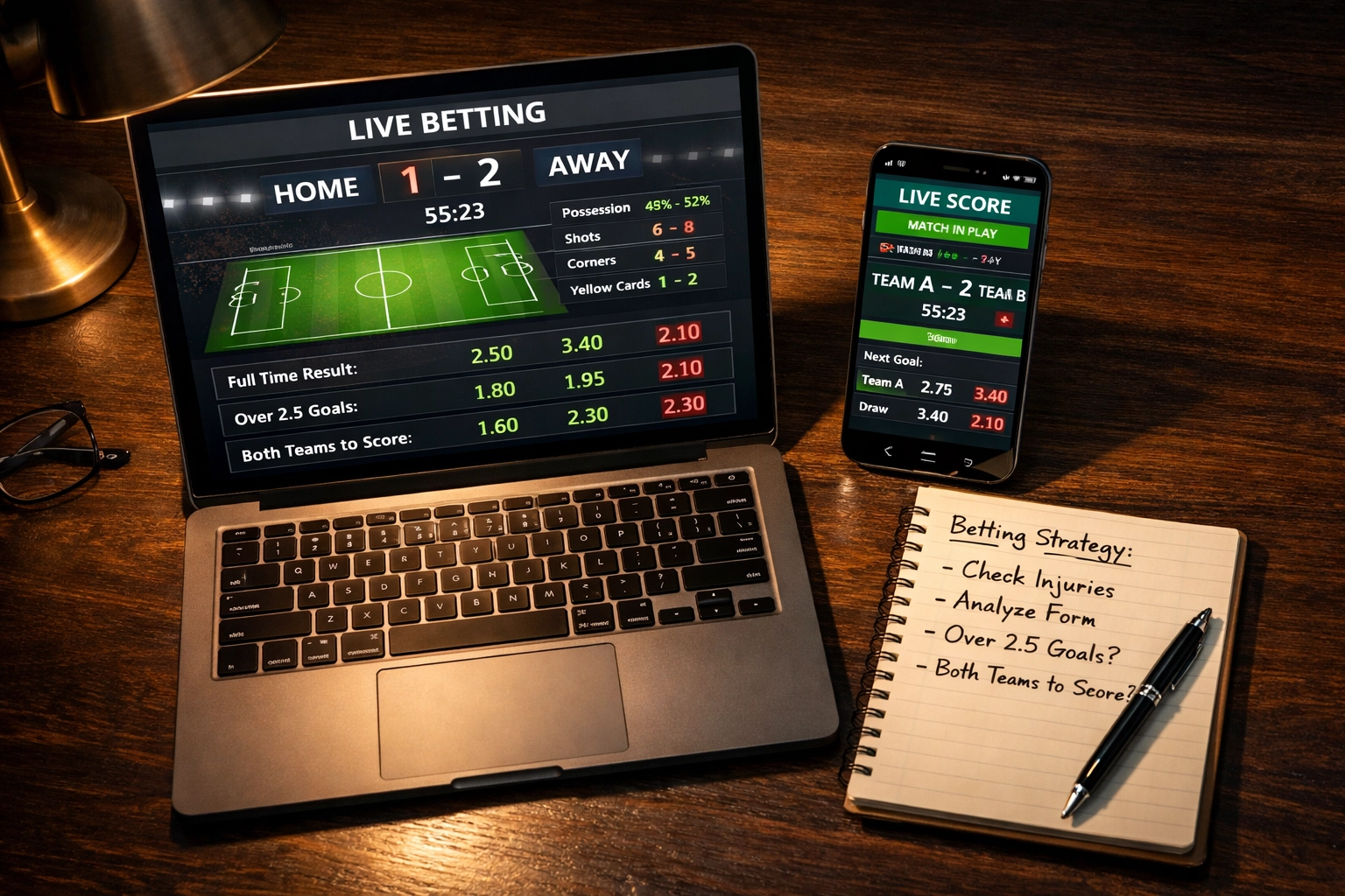 Live-Wetten Setup mit Laptop und Smartphone für Champions League Quoten-Analyse