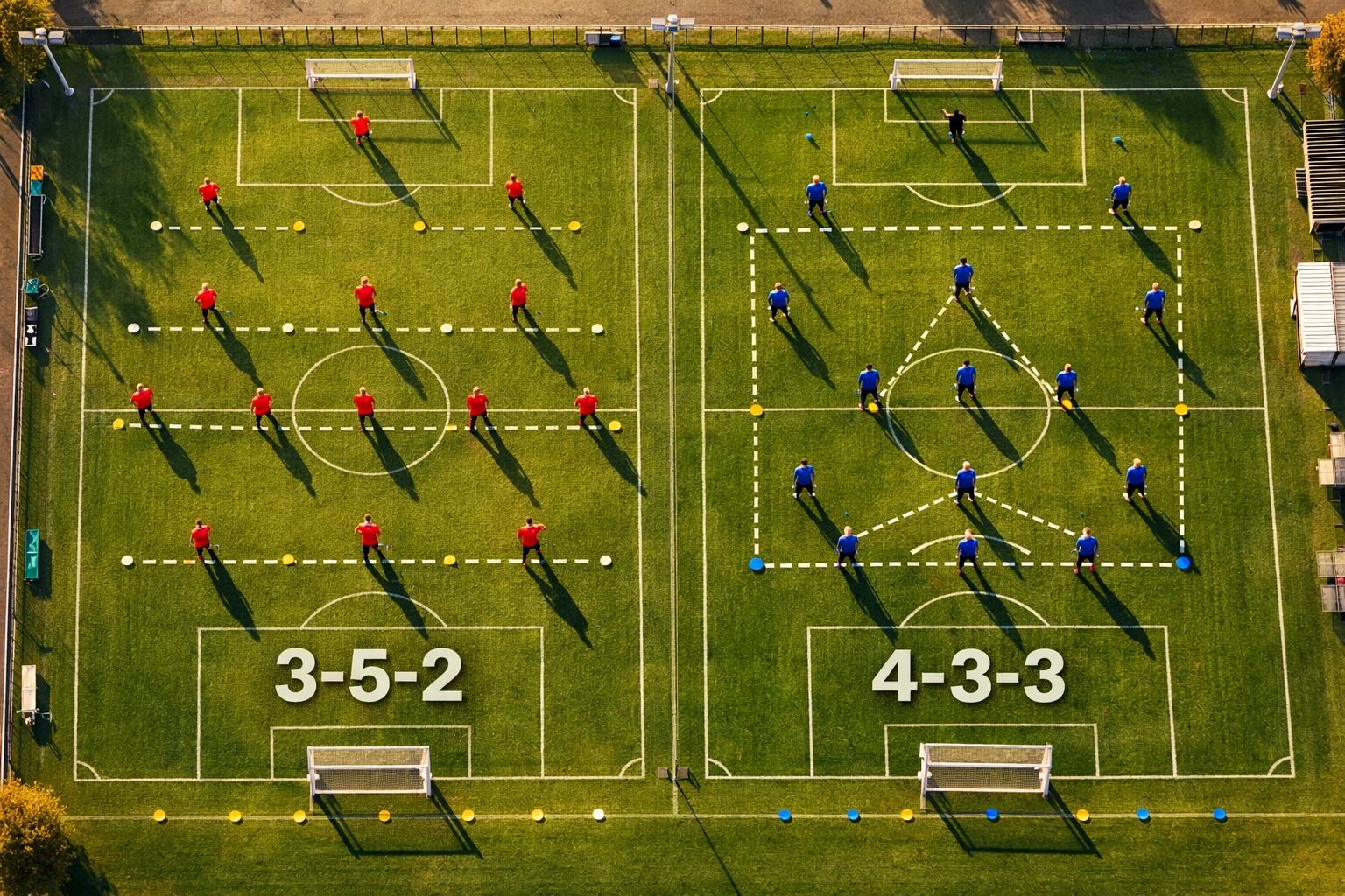 Trainingsplatz mit zwei Teams in verschiedenen Fussball Formationen aus Vogelperspektive