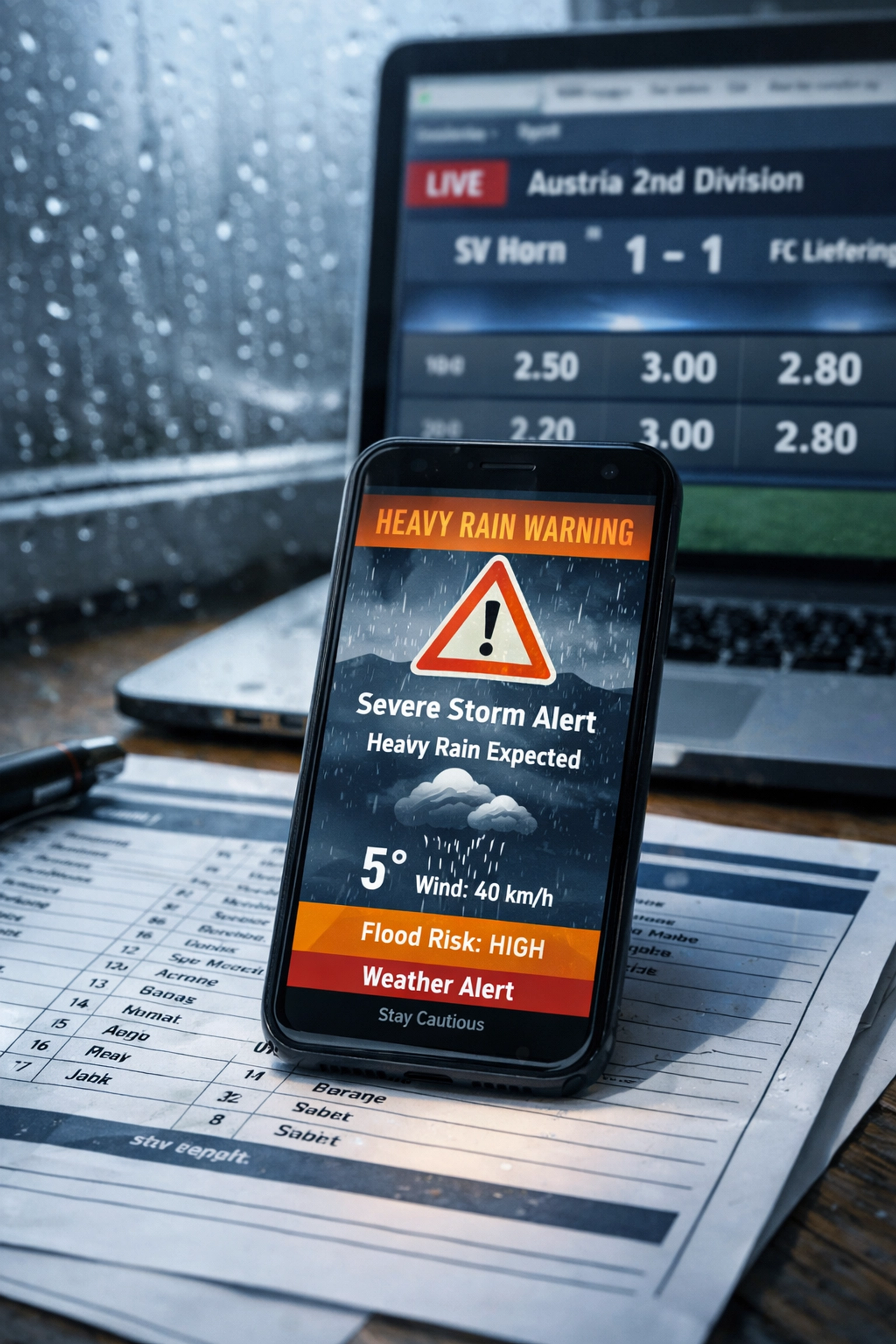 Wetter-App und Sportwetten-Quoten für österreichische zweite Liga auf Smartphone