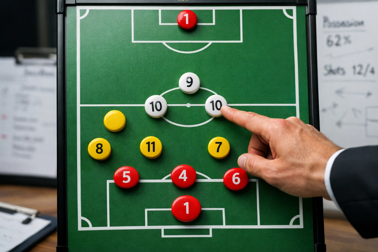 Taktiktafel mit Fußball-Aufstellung für Bundesliga Spielanalyse März 2026