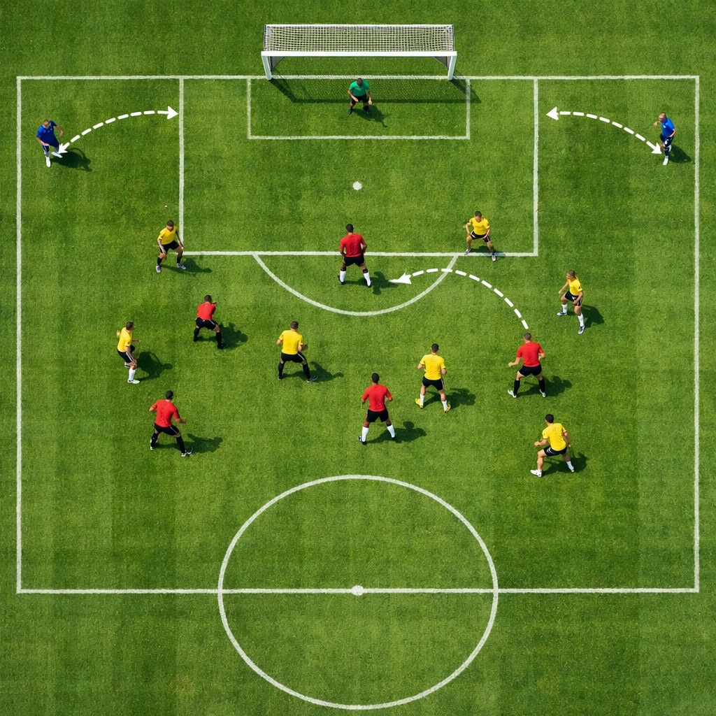 Taktiktraining aus der Vogelperspektive zeigt Raumaufteilung mit zentralem Neuner und breiten Außenbahnen
