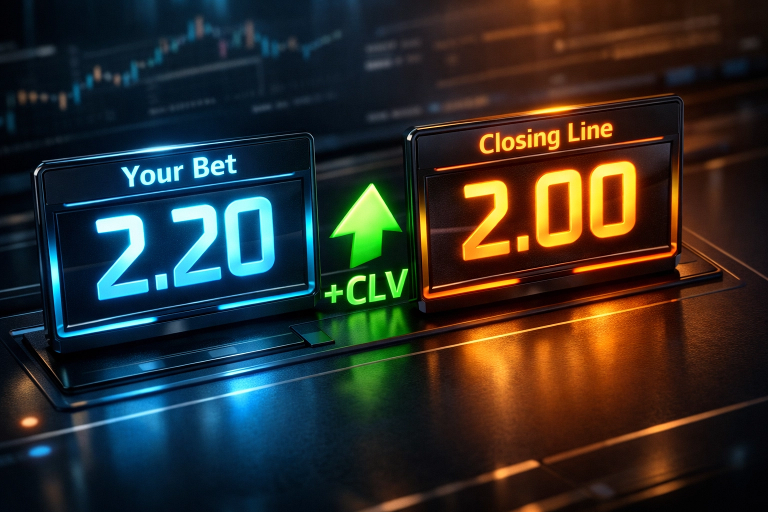 Closing Line Value Dashboard zeigt Wettquote 2.20 vs. Closing Odds 2.00 mit positivem CLV-Indikator