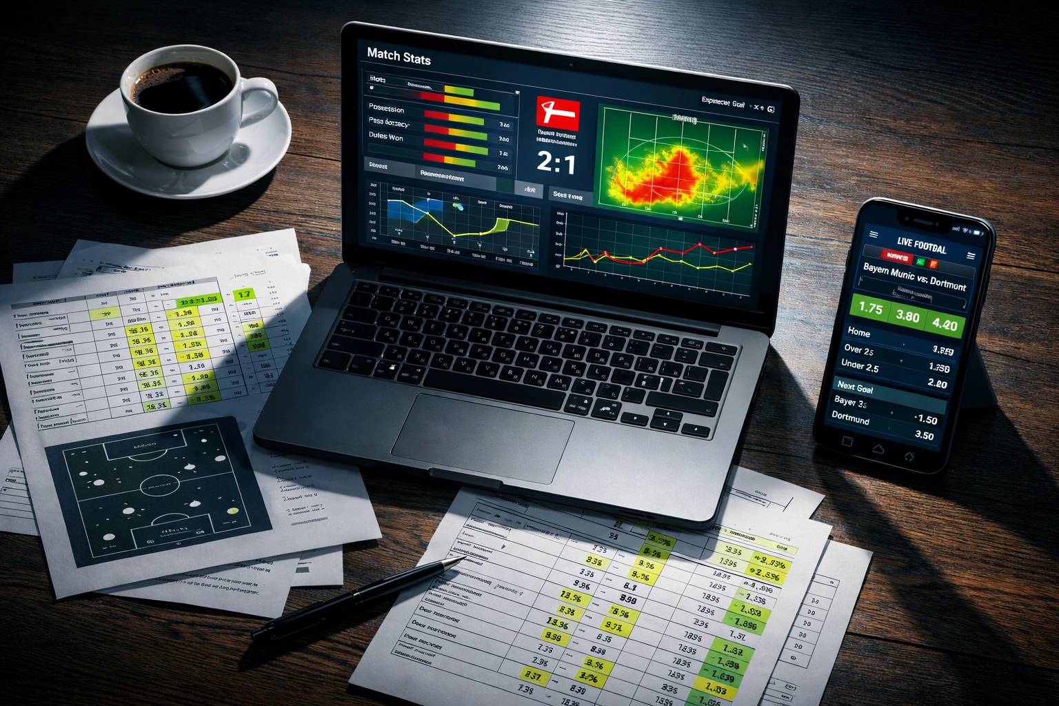 Bundesliga-Wetten Analyse Arbeitsplatz mit Statistiken und Quoten auf Laptop und Smartphone