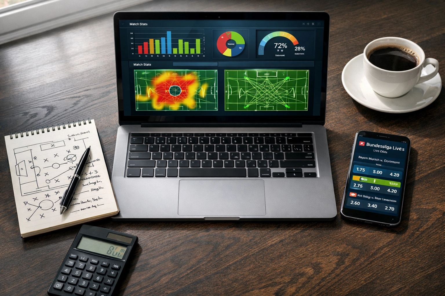 Arbeitsplatz mit Bundesliga-Statistiken und taktischen Analysen auf Laptop und Notizen