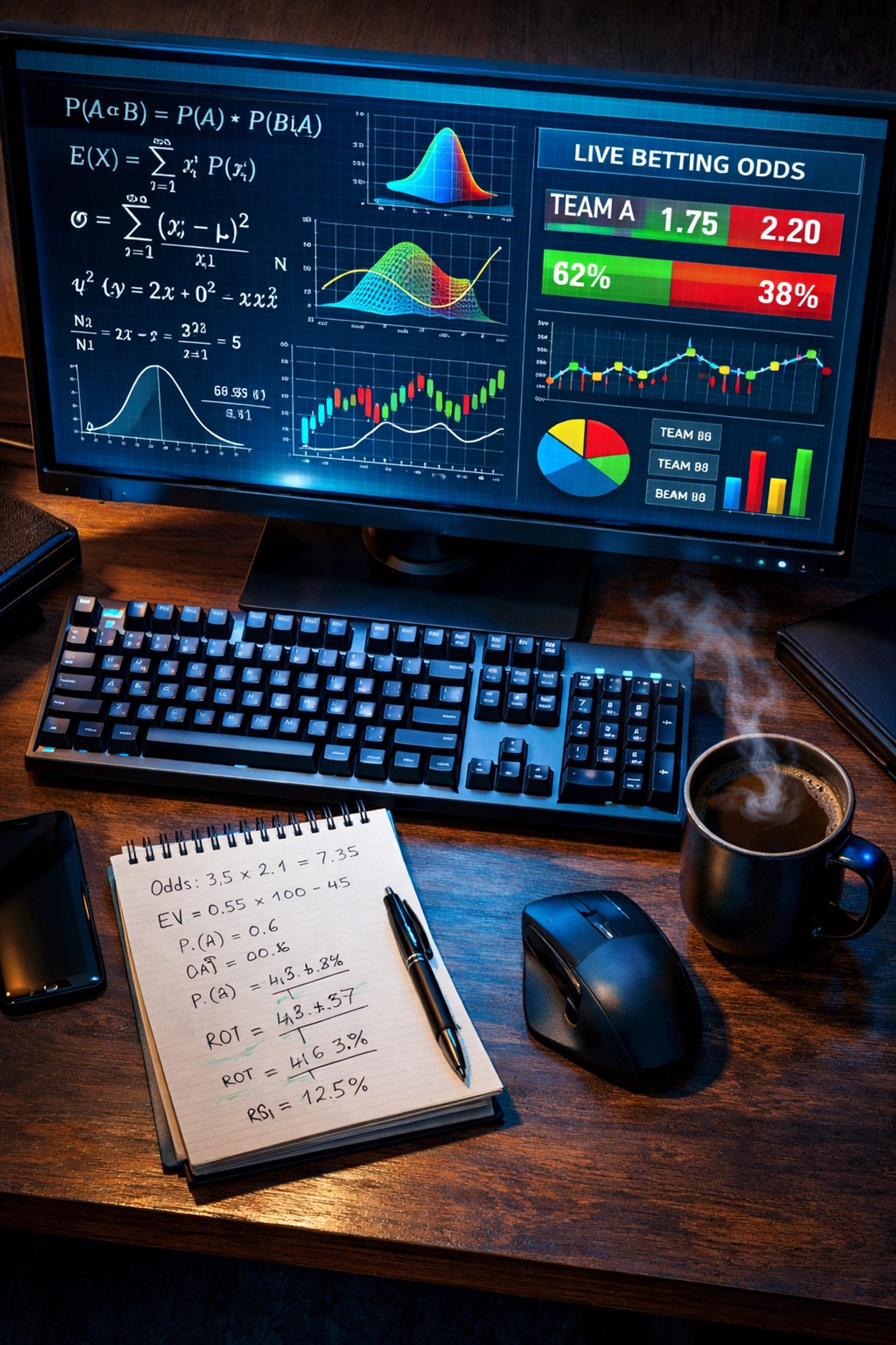 Wettanalyse und Quotenberechnung: Monitor zeigt Wettstatistiken und mathematische Formeln