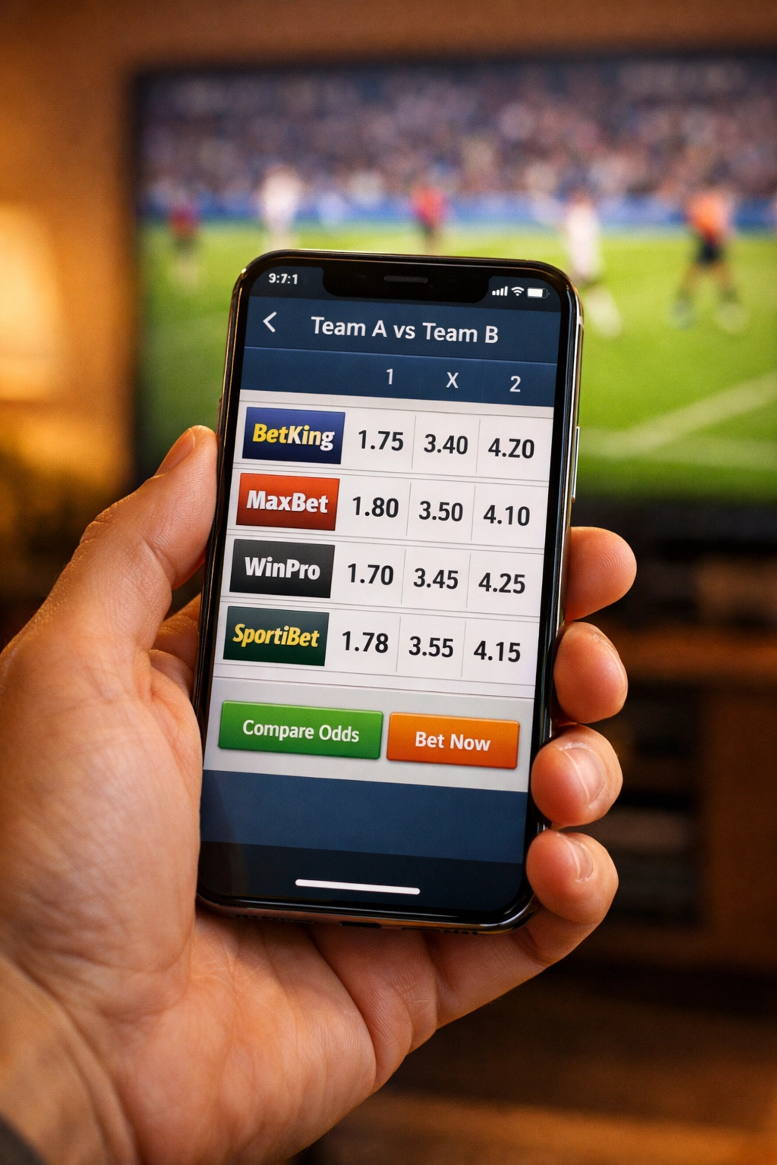 Quotenvergleich verschiedener Buchmacher auf dem Smartphone während eines Fußballspiels