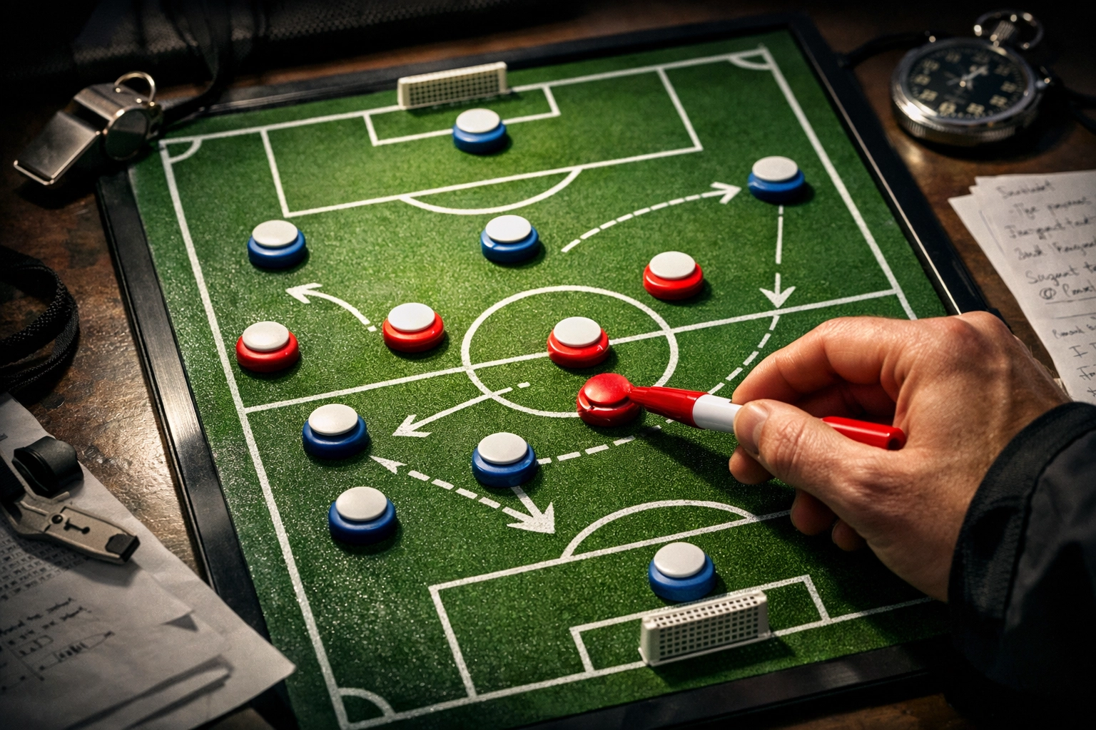 Fußball Taktiktafel mit Spieleraufstellung für strategische Teamform-Analyse